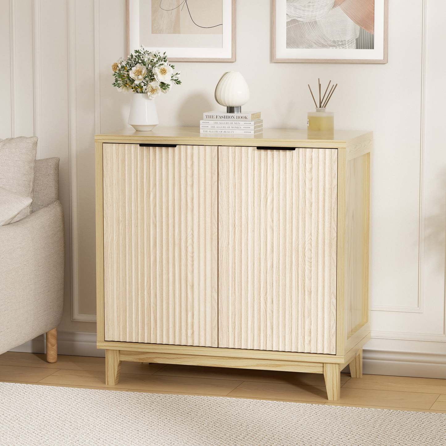 Vabches 31.5" W Fluted Sideboard Credenza Cabinet, Wood Buffet Storage Cabinet with Adjustable Shelves and 2-Doors for Living Room, Kitchen, Entryway