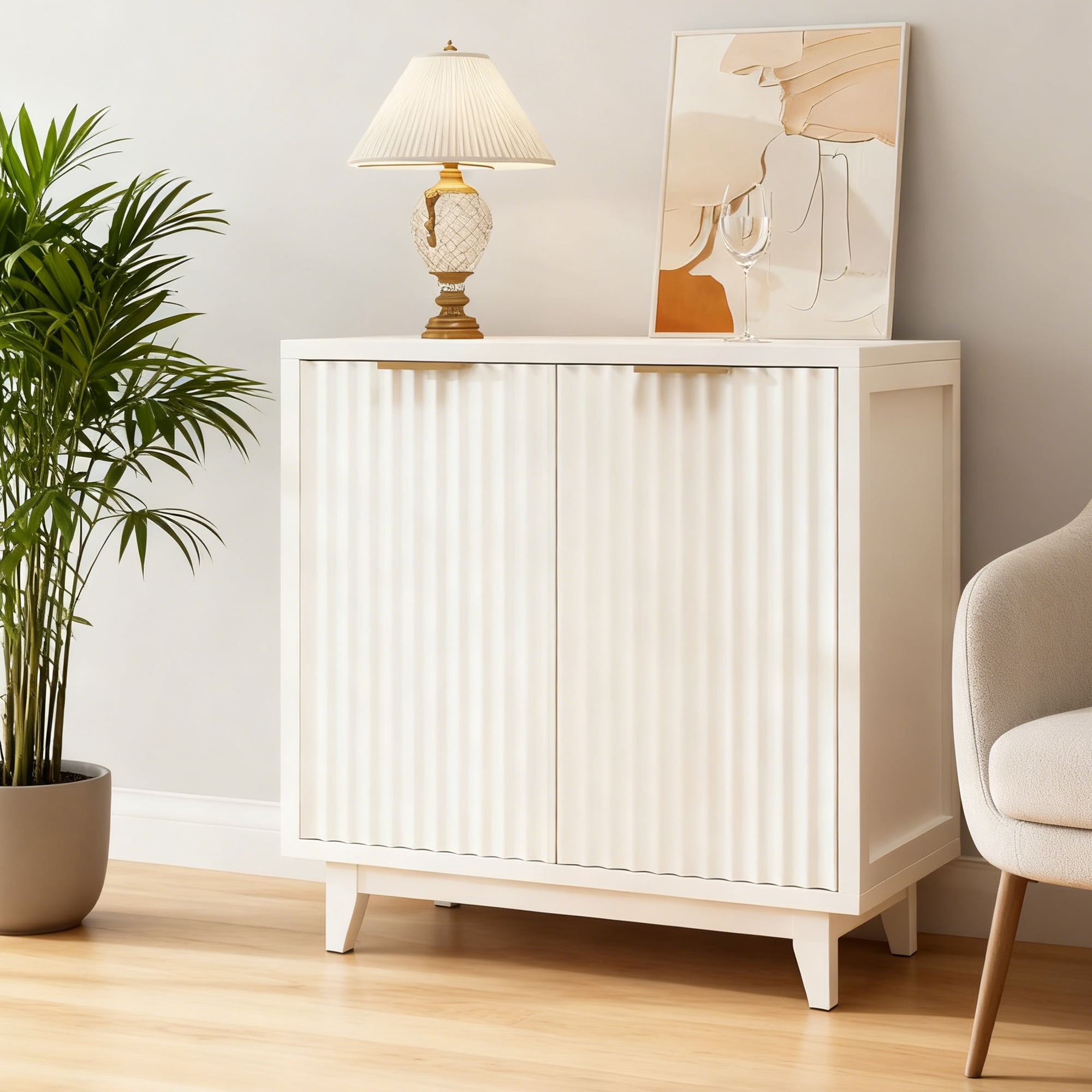 Vabches 31.5" W Fluted Sideboard Credenza Cabinet, Wood Buffet Storage Cabinet with Adjustable Shelves and 2-Doors for Living Room, Kitchen, Entryway