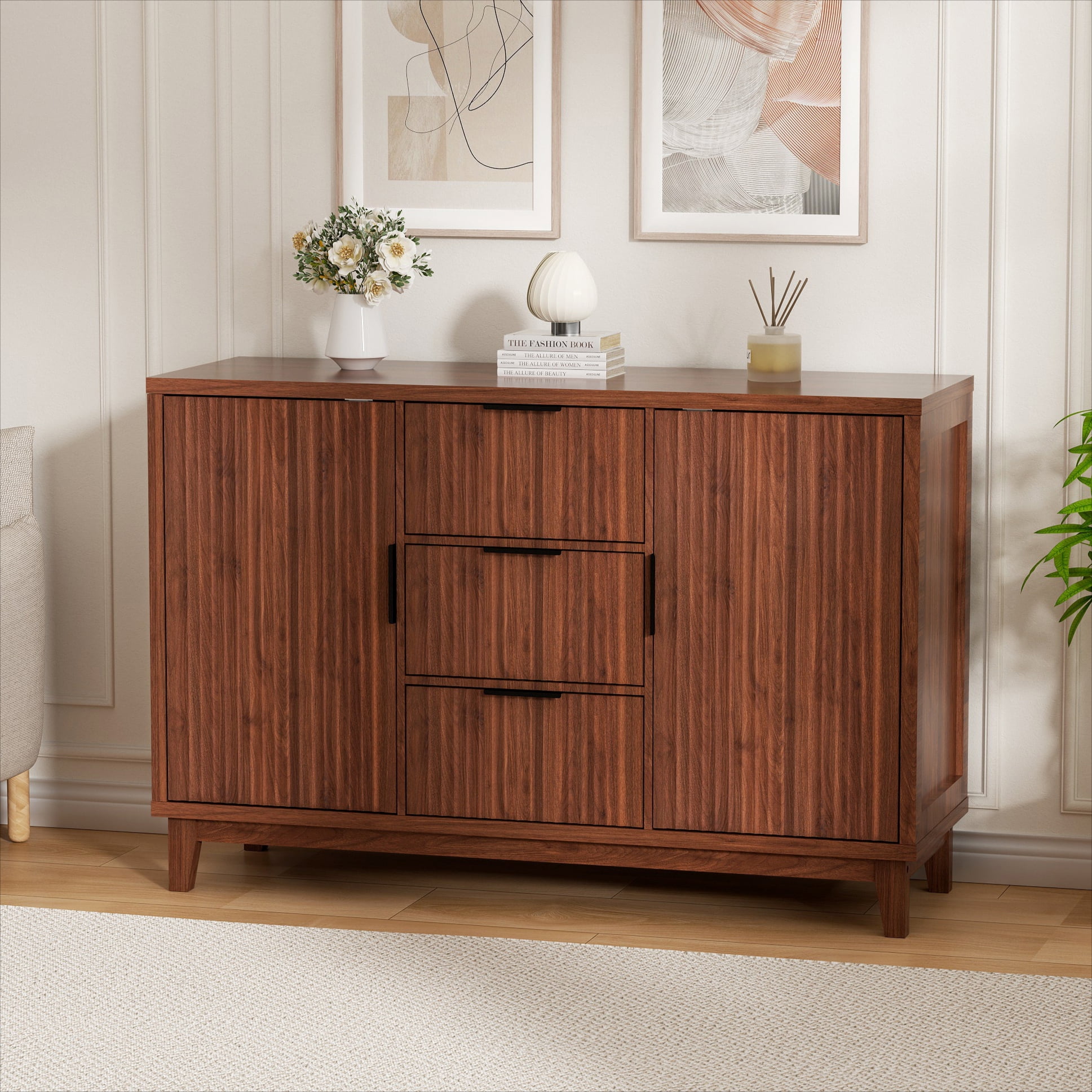 Vabches 31.5" W Fluted Sideboard Credenza Cabinet, Wood Buffet Storage Cabinet with Adjustable Shelves and 2-Doors for Living Room, Kitchen, Entryway