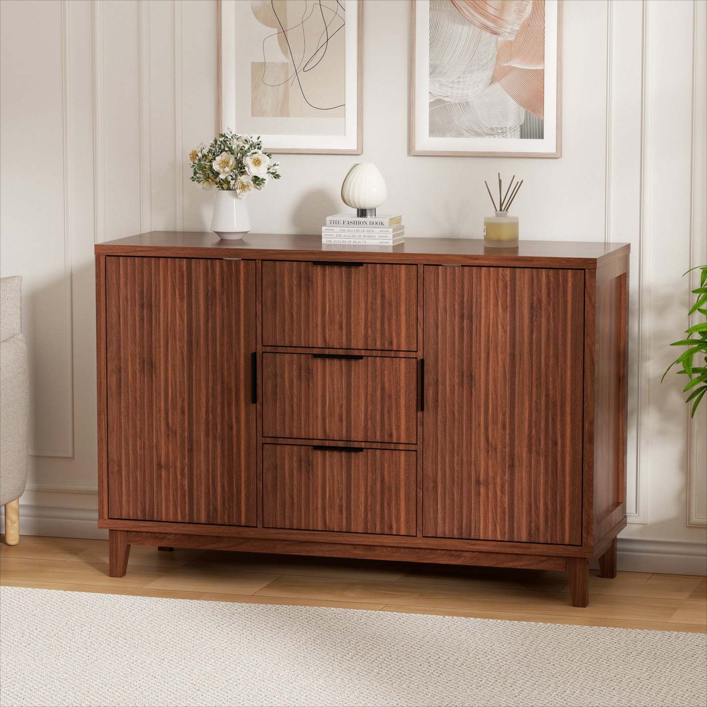 Vabches 31.5" W Fluted Sideboard Credenza Cabinet, Wood Buffet Storage Cabinet with Adjustable Shelves and 2-Doors for Living Room, Kitchen, Entryway
