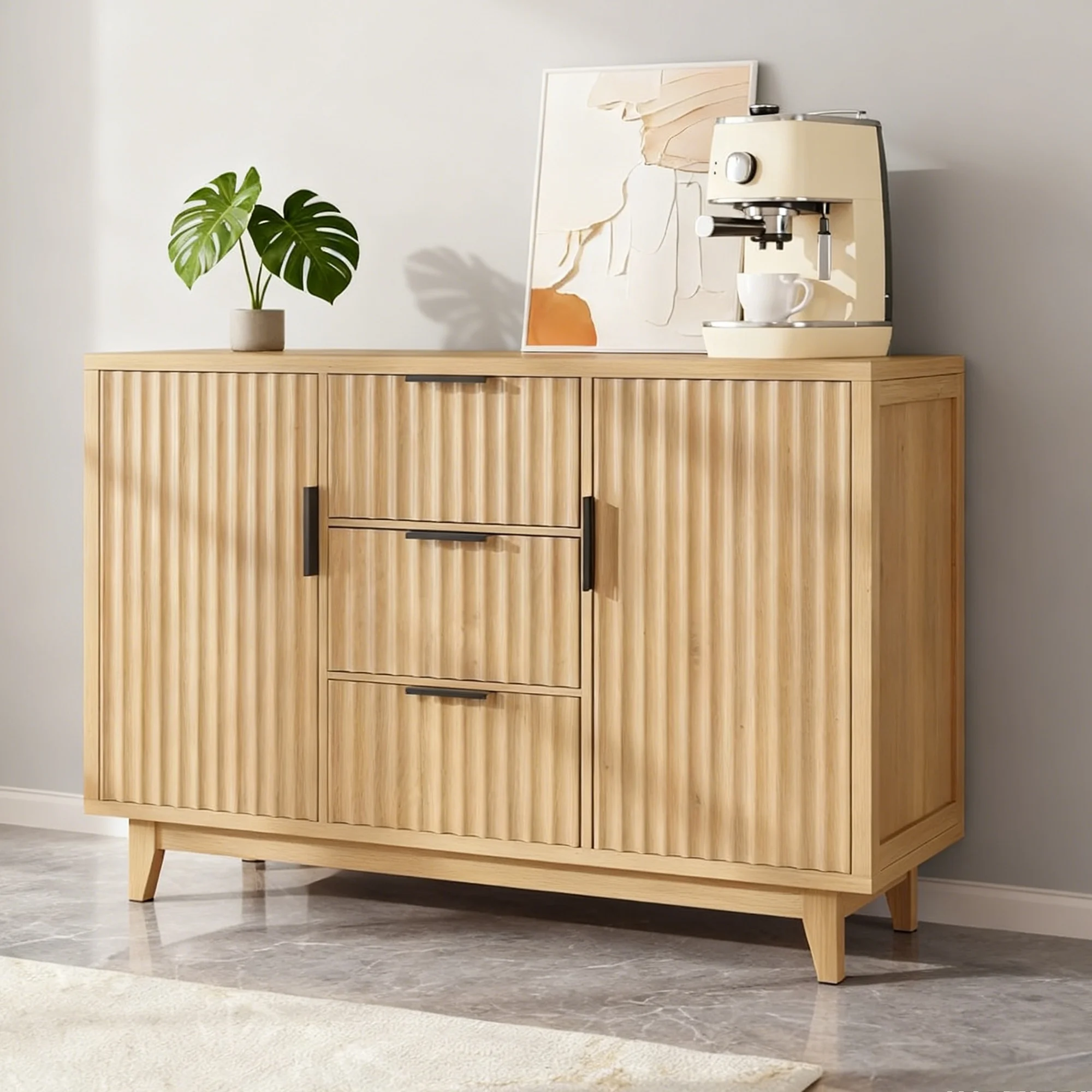 Vabches 31.5" W Fluted Sideboard Credenza Cabinet, Wood Buffet Storage Cabinet with Adjustable Shelves and 2-Doors for Living Room, Kitchen, Entryway