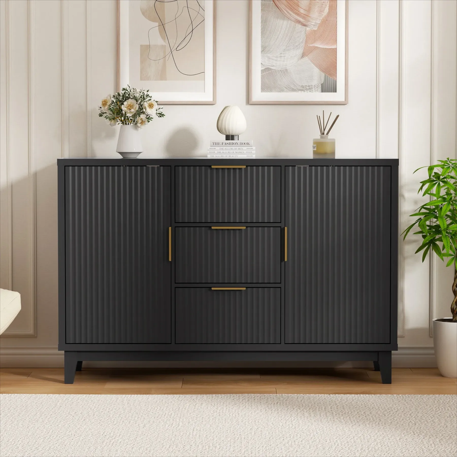 Vabches 31.5" W Fluted Sideboard Credenza Cabinet, Wood Buffet Storage Cabinet with Adjustable Shelves and 2-Doors for Living Room, Kitchen, Entryway