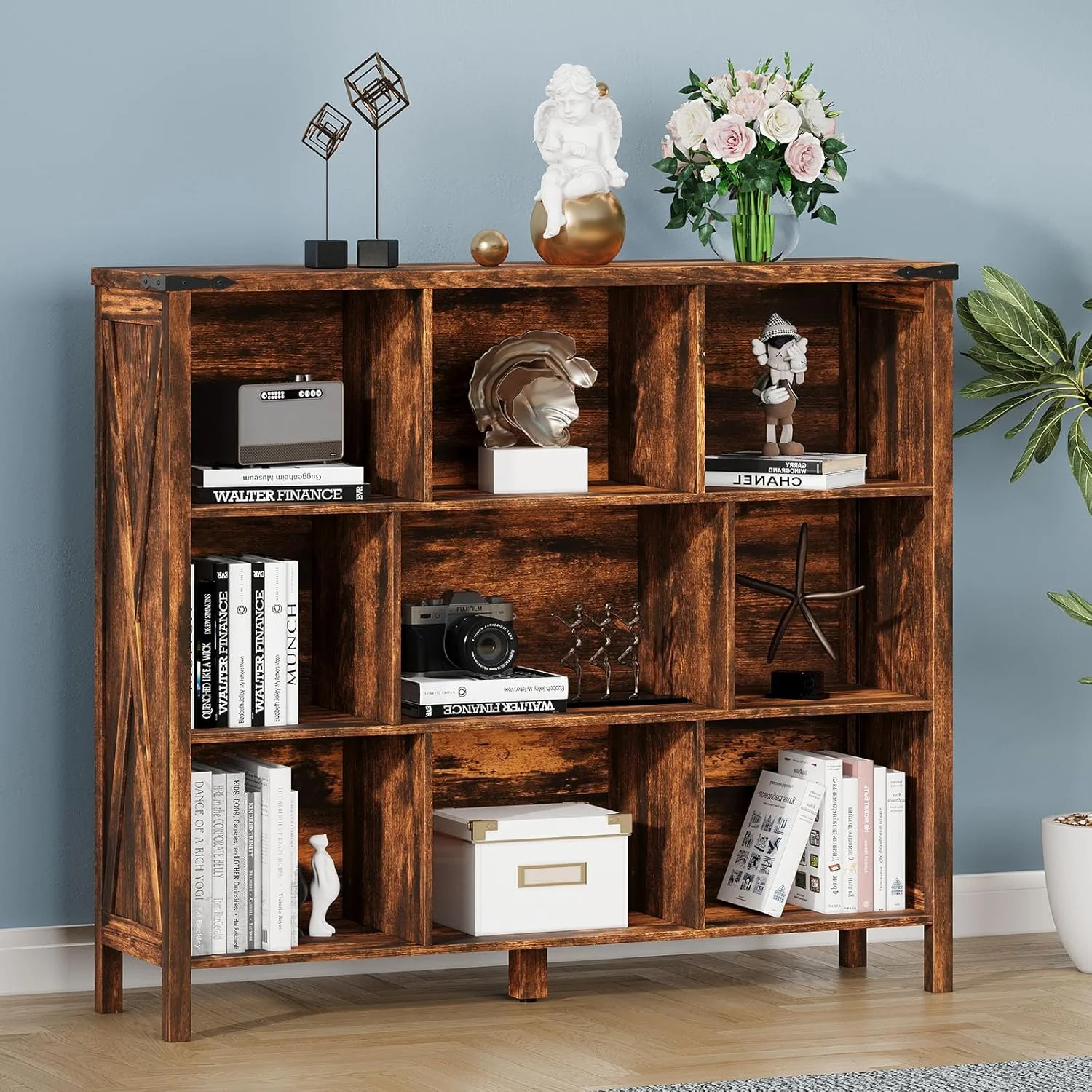 Vabches 9 Cube Storage Organizer Bookshelf, Farmhouse 3-Tier Wooden Storage Bookcase Display Cabinet Rack for Bedroom, Living Room, Office