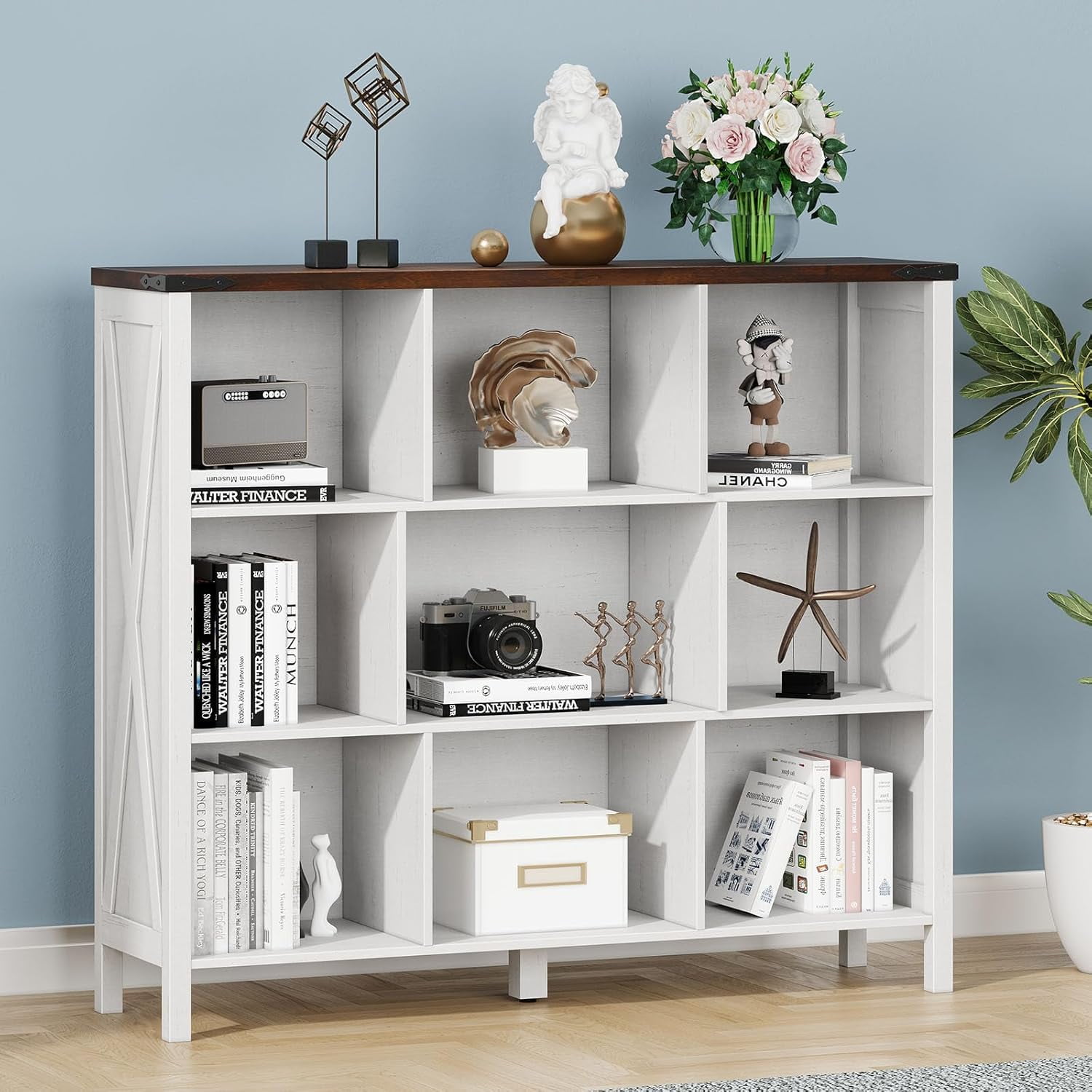 Vabches 9 Cube Storage Organizer Bookshelf, Farmhouse 3-Tier Wooden Storage Bookcase Display Cabinet Rack for Bedroom, Living Room, Office