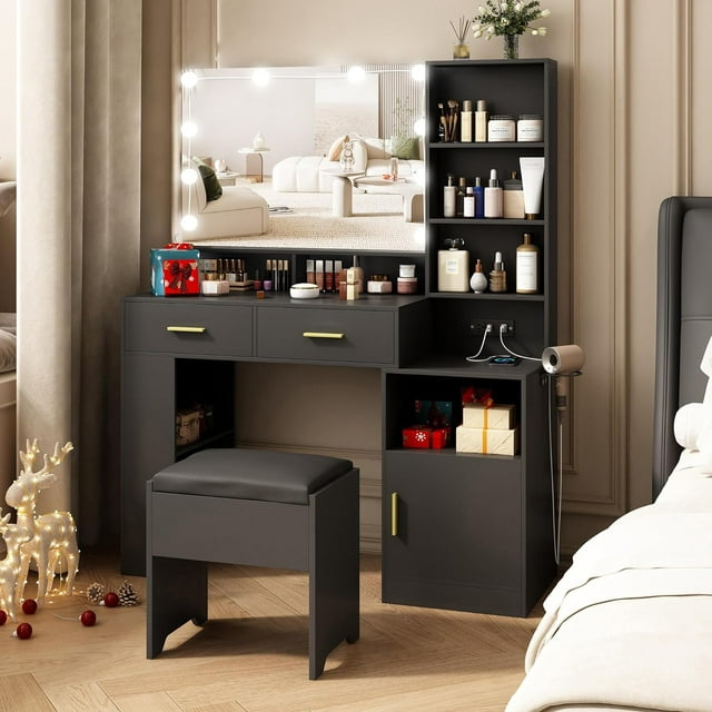 Vabches Vanity with Light and Mirror, White Vanity with Charging Posts, Vanity with 2 Drawers, Storage Shelves and Nightstand, Bedroom Dressing Set