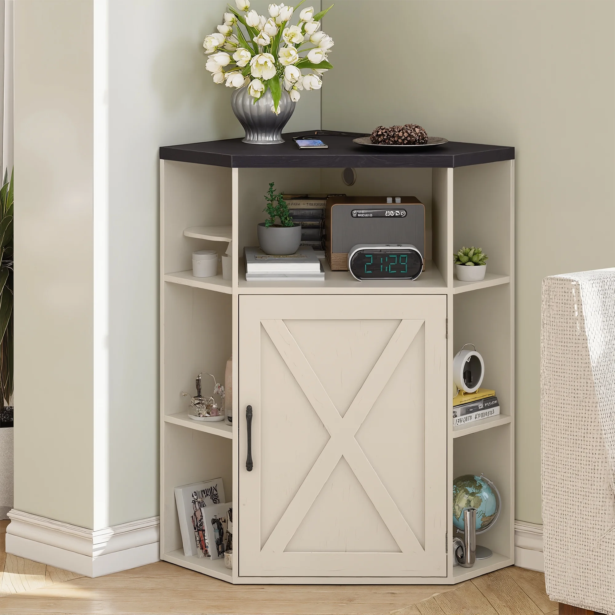 Corner Storage Cabinet, Farmhouse Corner Bookshelf with Storage 6-Cubby Wooden Cabinet with USB Ports and Outlets Industrial Organizer for Small Space, Study, Playroom, Living Room