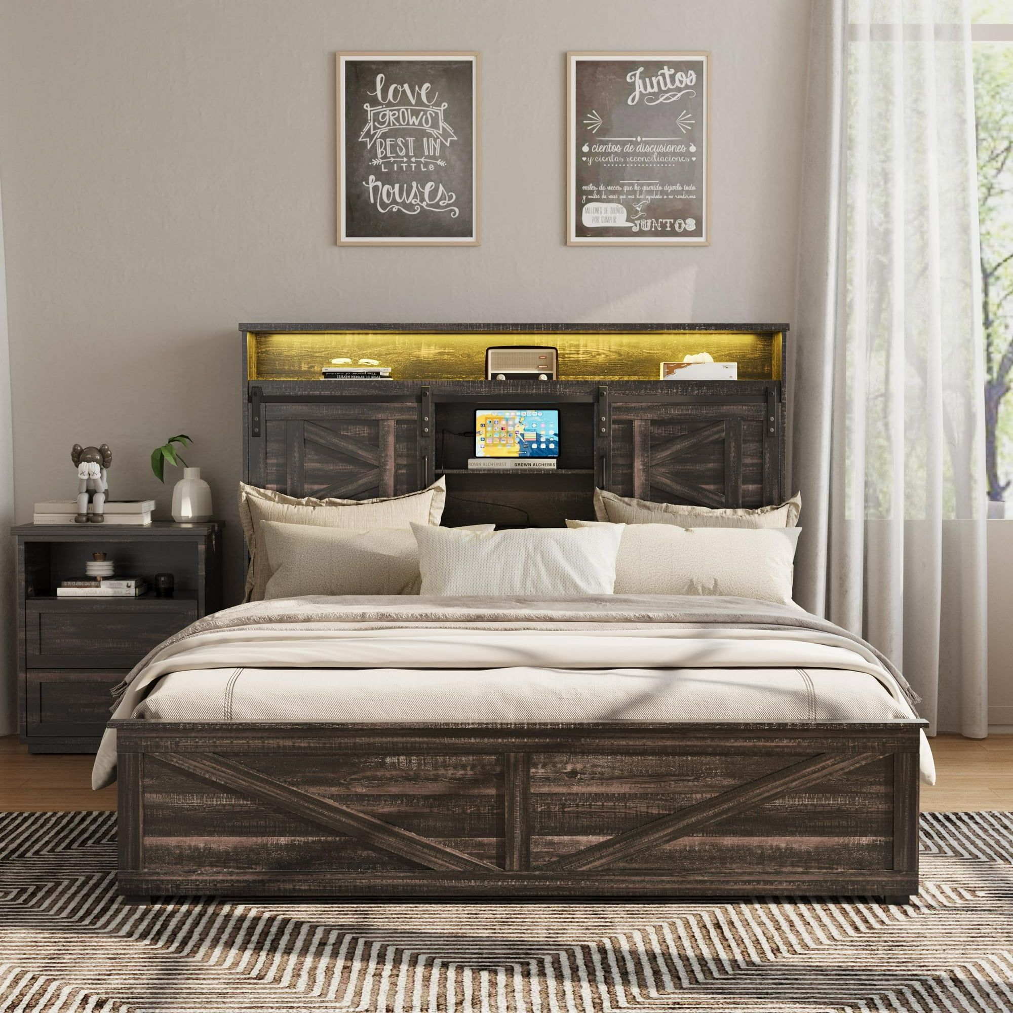 Vabches Farmhouse Queen Size Bed Frame with 4 Drawers and Bookcase Headboard,Sliding Barn Door Platform Bed with LED Light & Power Outlets, Antique White