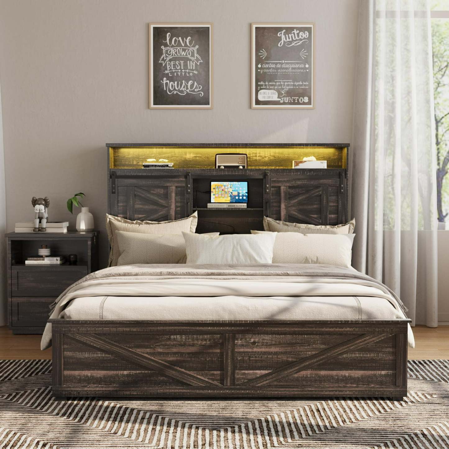 Vabches Farmhouse Queen Size Bed Frame with 4 Drawers and Bookcase Headboard,Sliding Barn Door Platform Bed with LED Light & Power Outlets, Antique White