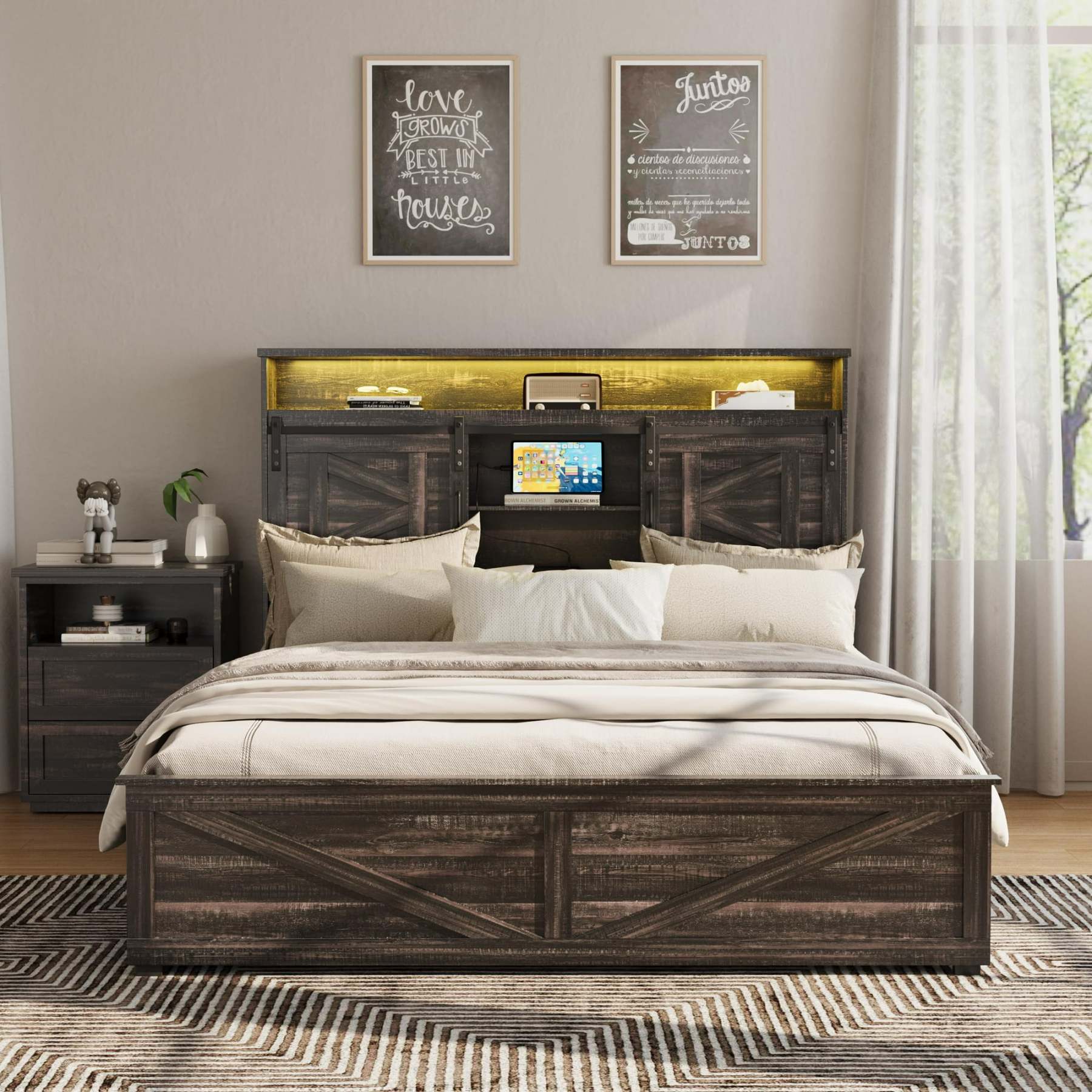 Vabches Farmhouse Queen Size Bed Frame with 4 Drawers and Bookcase Headboard,Sliding Barn Door Platform Bed with LED Light & Power Outlets, Antique White