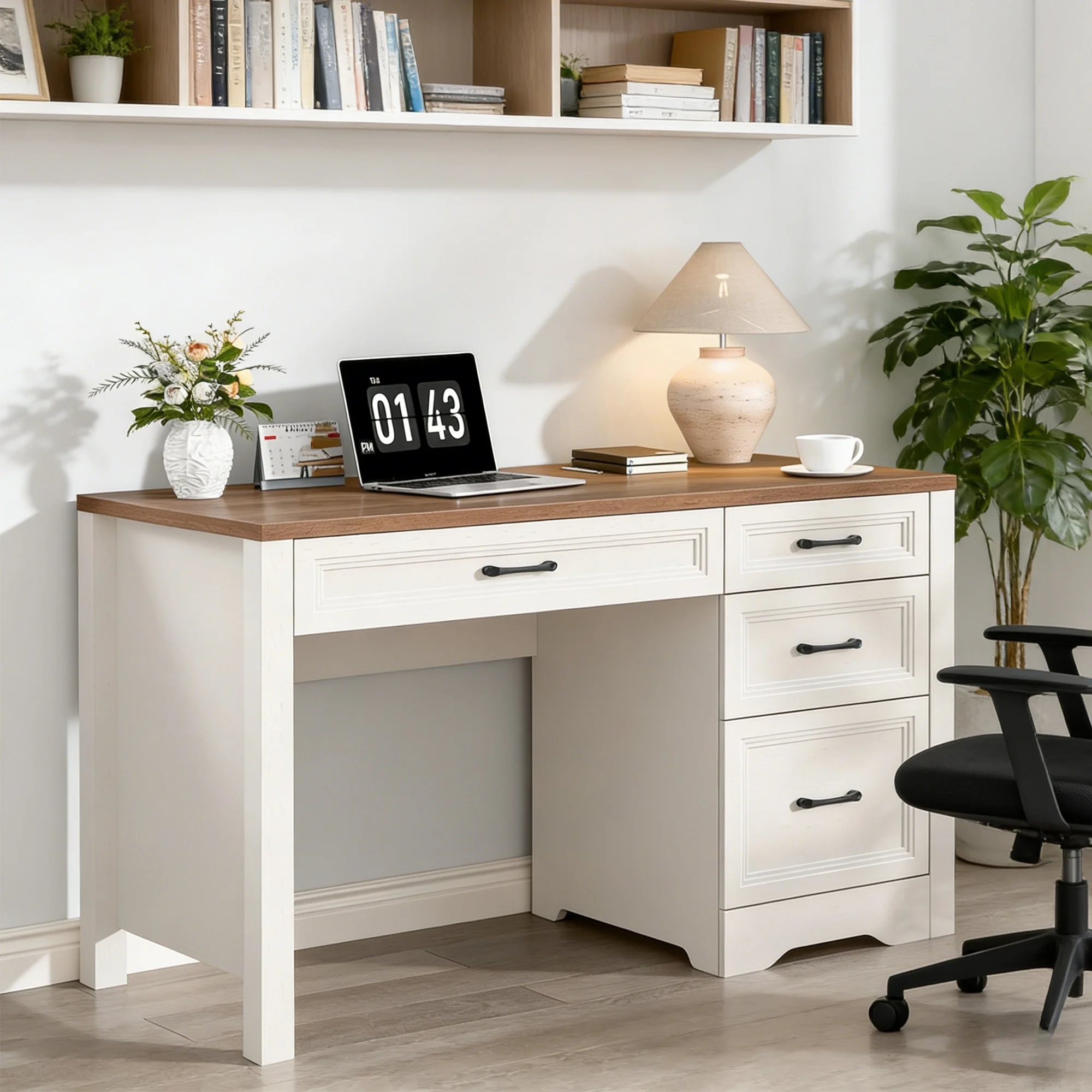 Vabches Farmhouse Wood 47.2"W Executive Desk, Home Office Computer Writing Desk with Storage and File Drawer for Bedroom