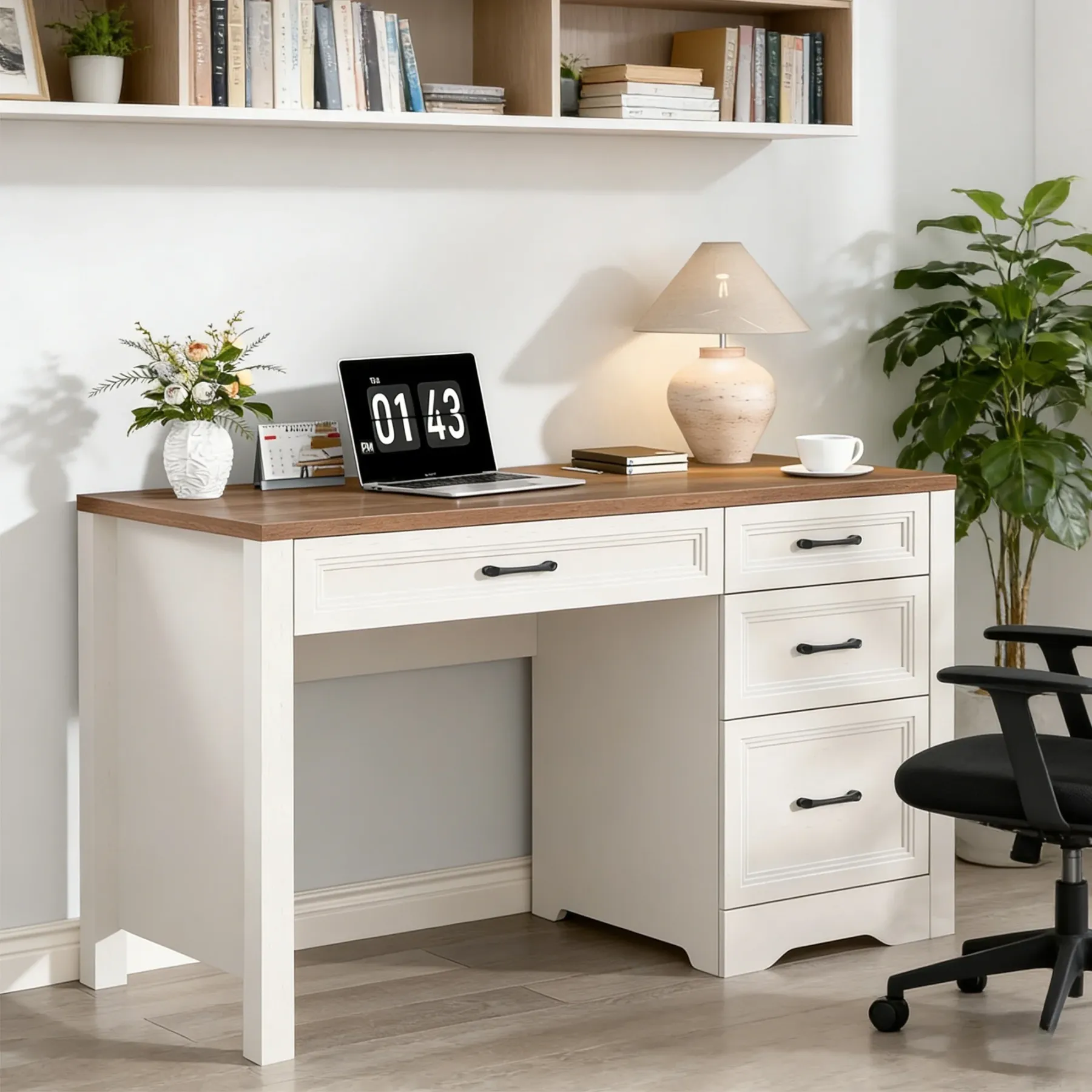 Vabches Farmhouse Wood 47.2"W Executive Desk, Home Office Computer Writing Desk with Storage and File Drawer for Bedroom