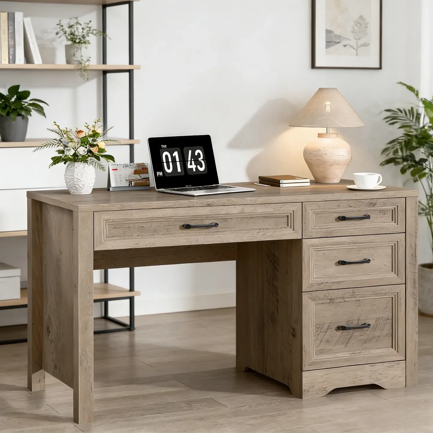 Vabches Farmhouse Wood 47.2"W Executive Desk, Home Office Computer Writing Desk with Storage and File Drawer for Bedroom