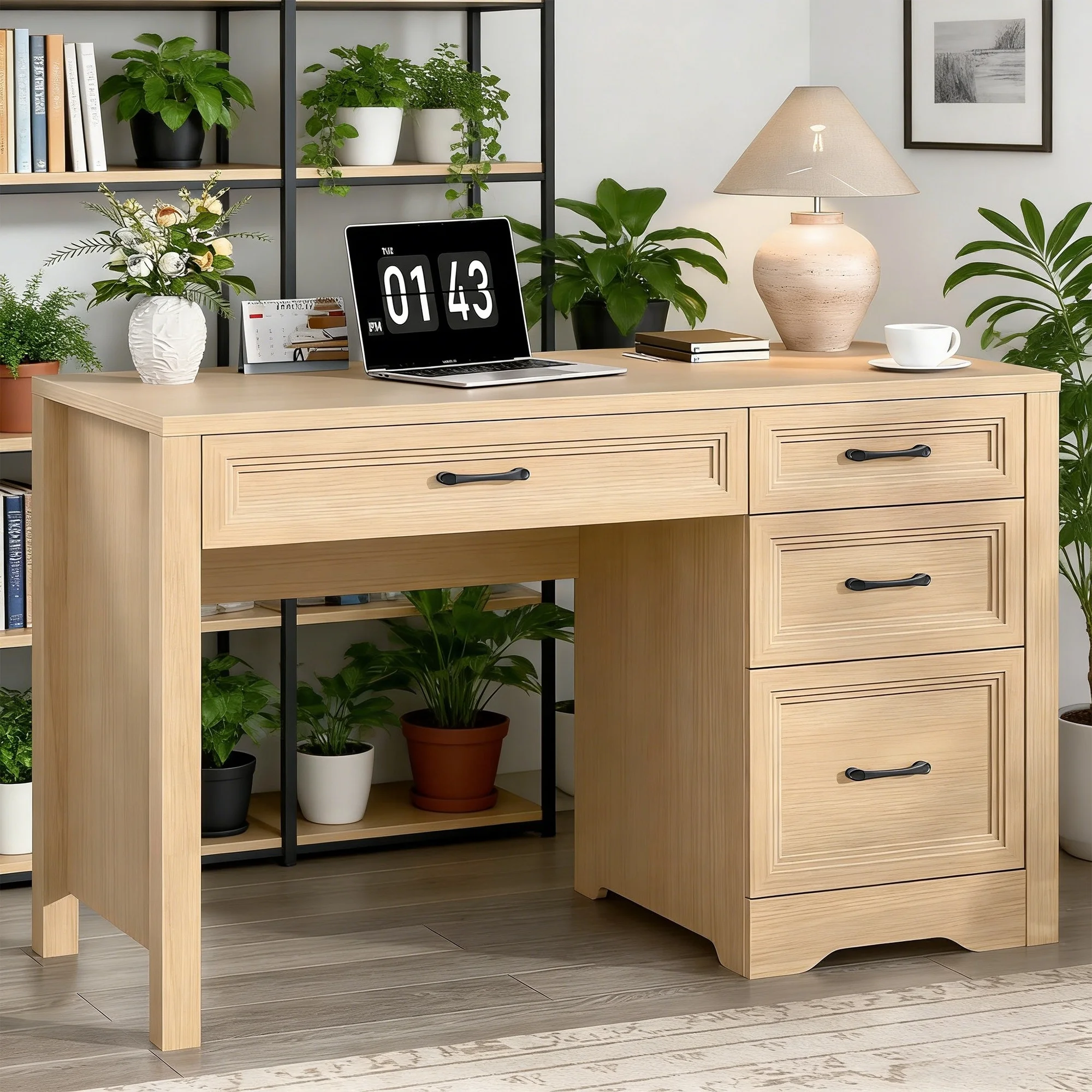 Vabches Farmhouse Wood 47.2"W Executive Desk, Home Office Computer Writing Desk with Storage and File Drawer for Bedroom