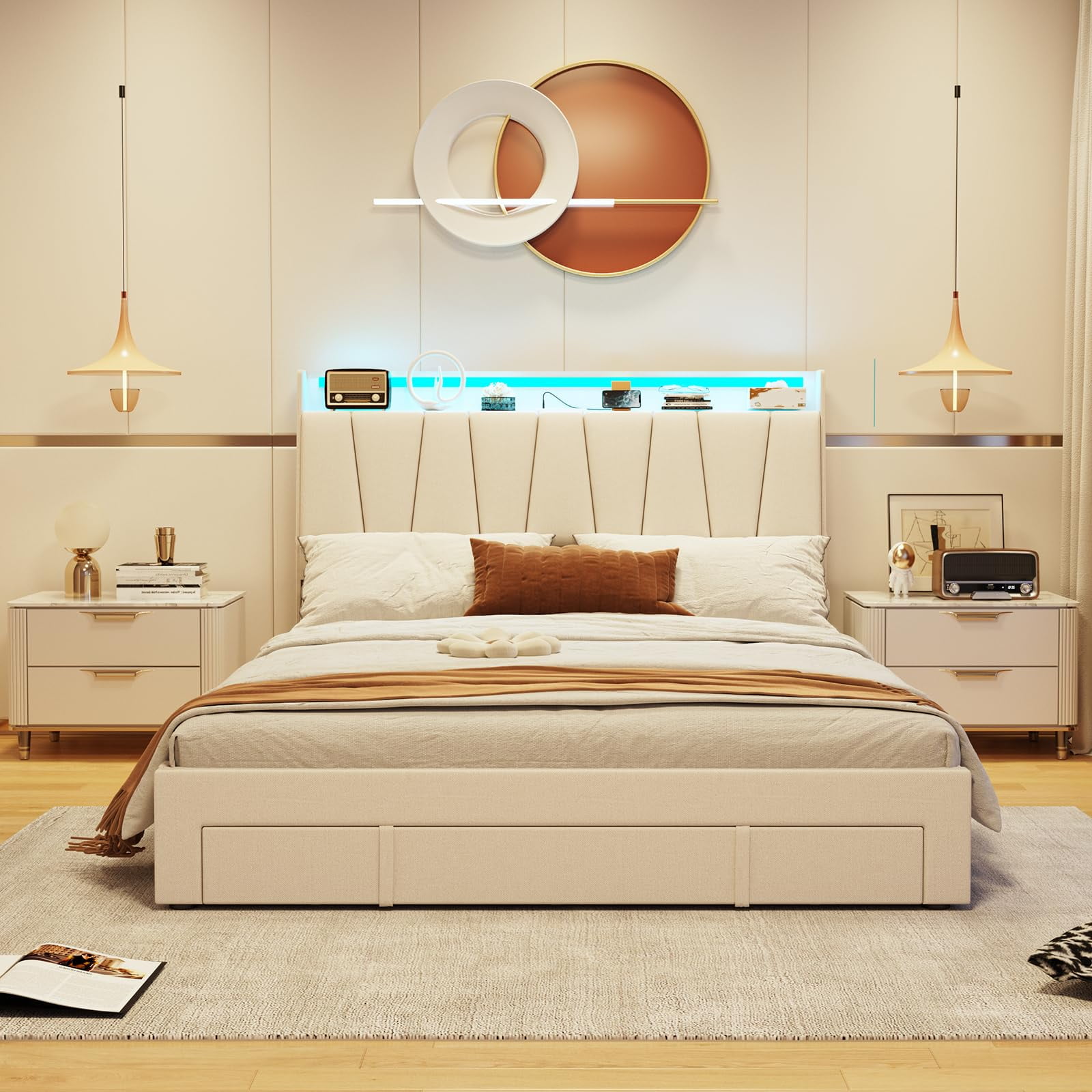 Vabches Queen Size Bed Frame with Storage Headboard and Charging Stati