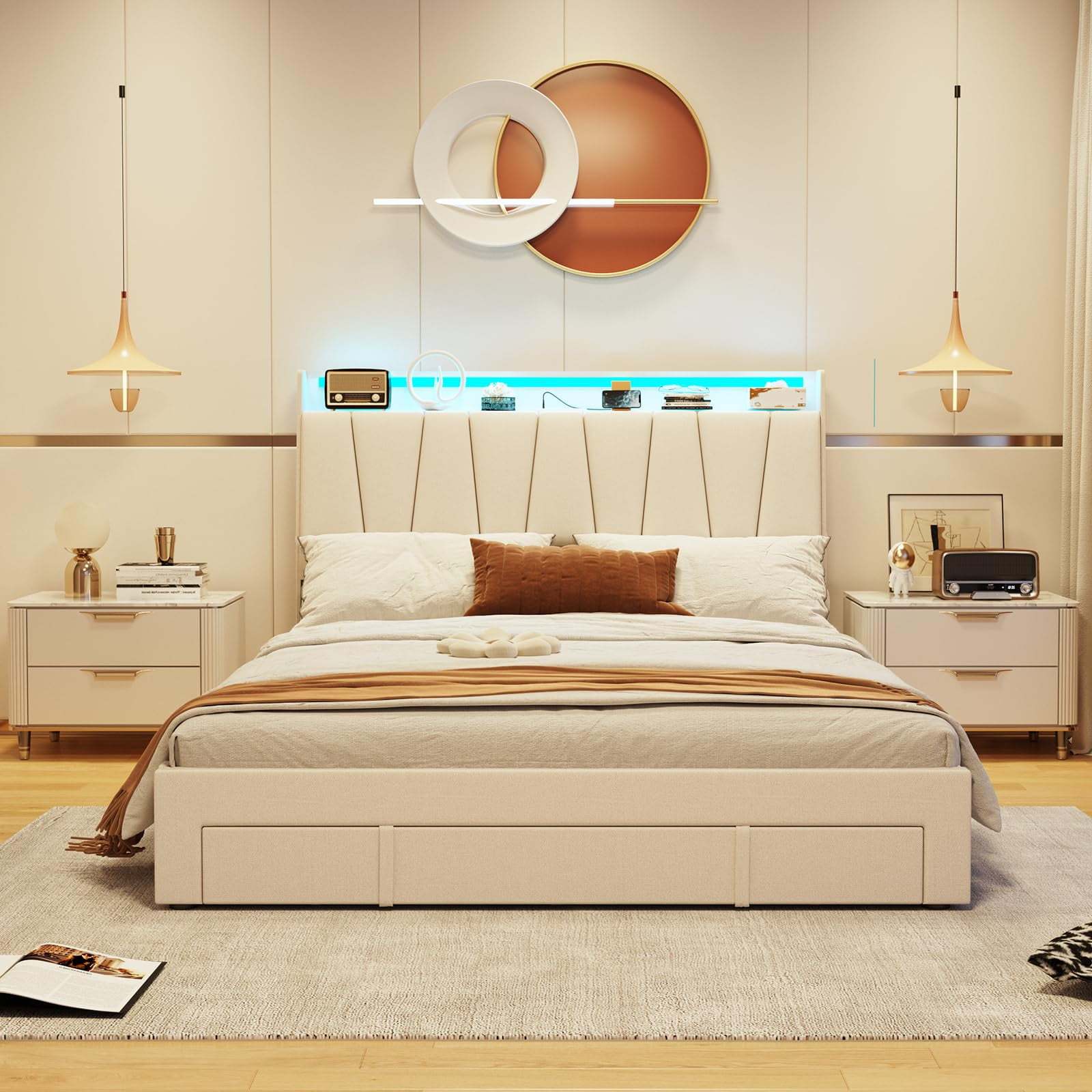 Vabches Queen Size Bed Frame with Storage Headboard and Charging Station,No Box Spring,Noise-Free,Grey