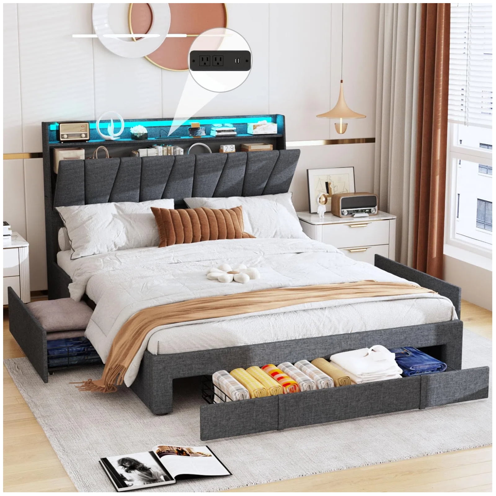 Vabches Queen Size Bed Frame with Storage Headboard and Charging Stati