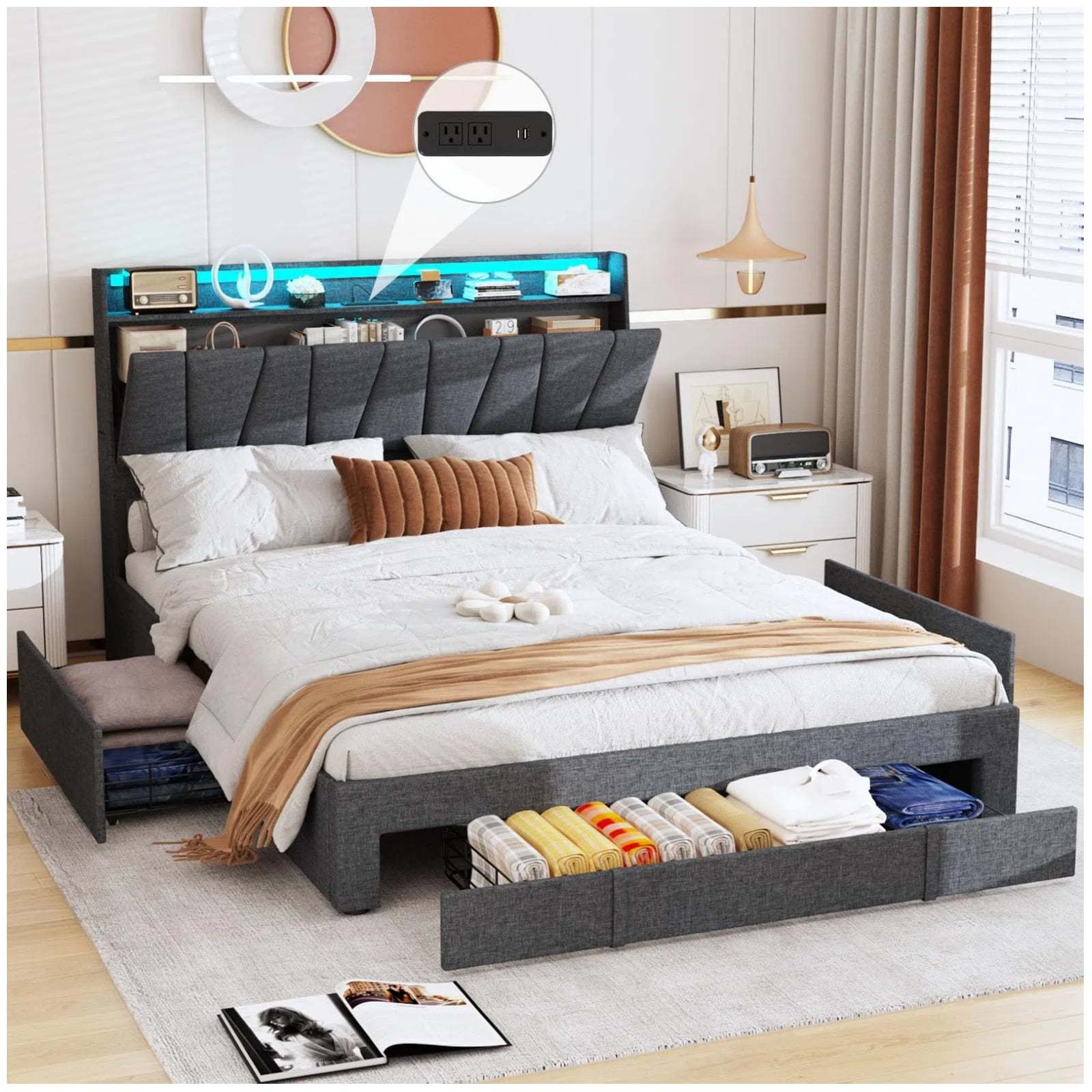 Vabches Queen Size Bed Frame with Storage Headboard and Charging Stati
