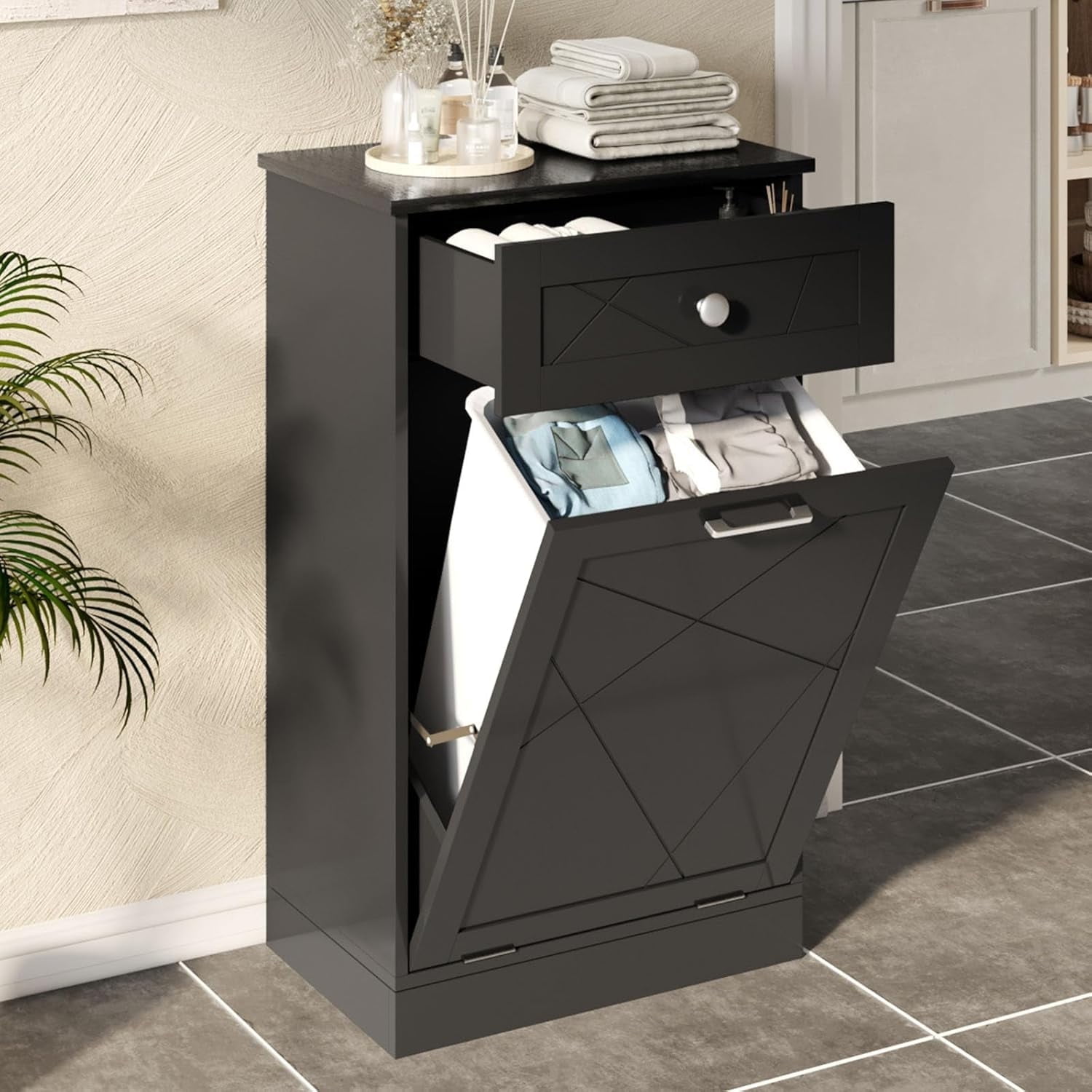 Vabches Tilt Out Trash Cabinet Kitchen Hidden Storage Can with Cutting Board Countertop, Free-Standing Trash Holder Drawers, Black