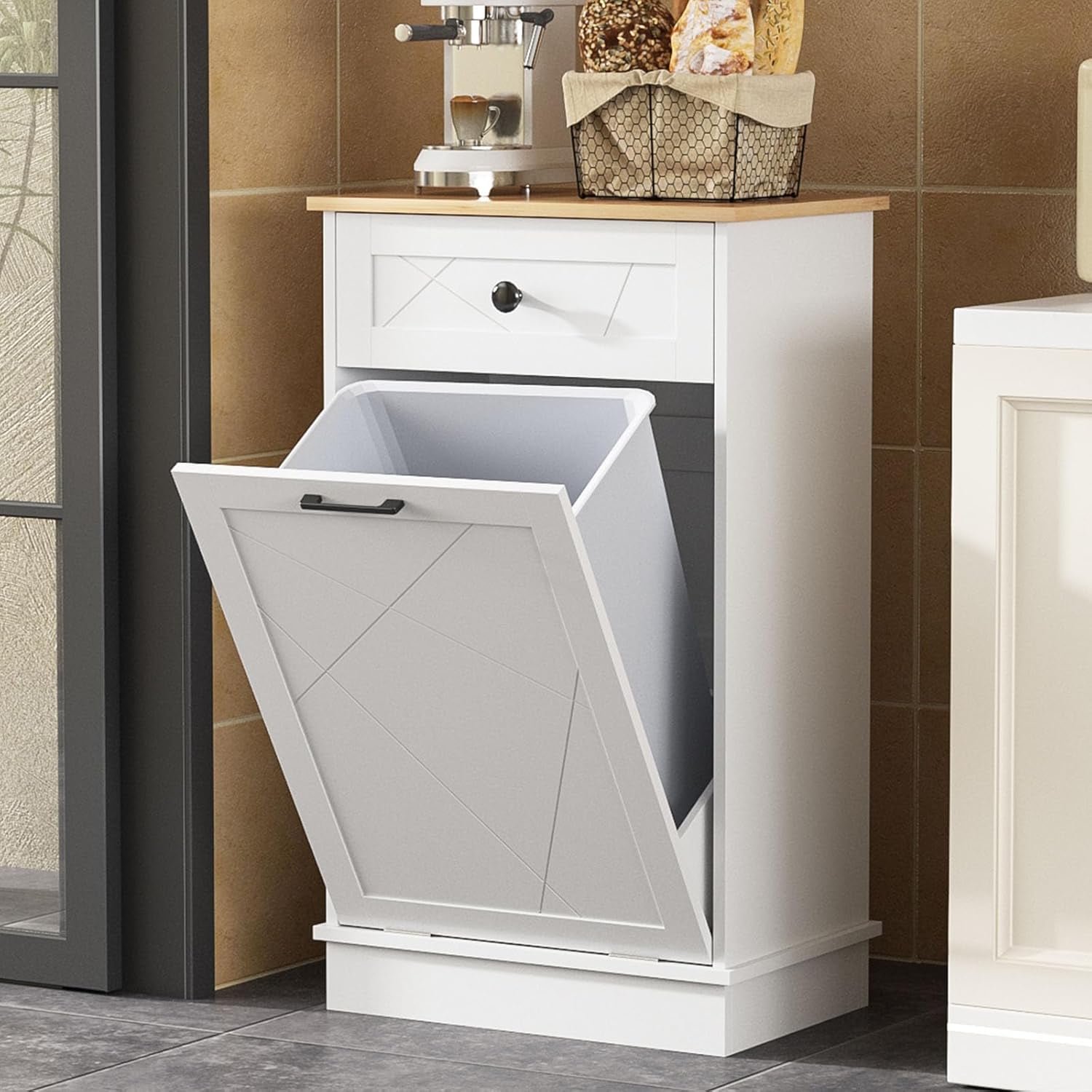 Vabches Kitchen Tilt Out Trash Cabinet, Wooden Pet Proof Trash Can, 10 Gallon, White