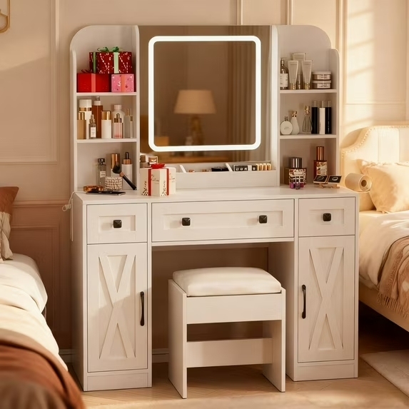 Vabches Large Vanity Desk Set with Lights and Mirror, Makeup Table with Stool and Large Storage Drawers and Shelves, 3 Led Lighting Modes Adjustable