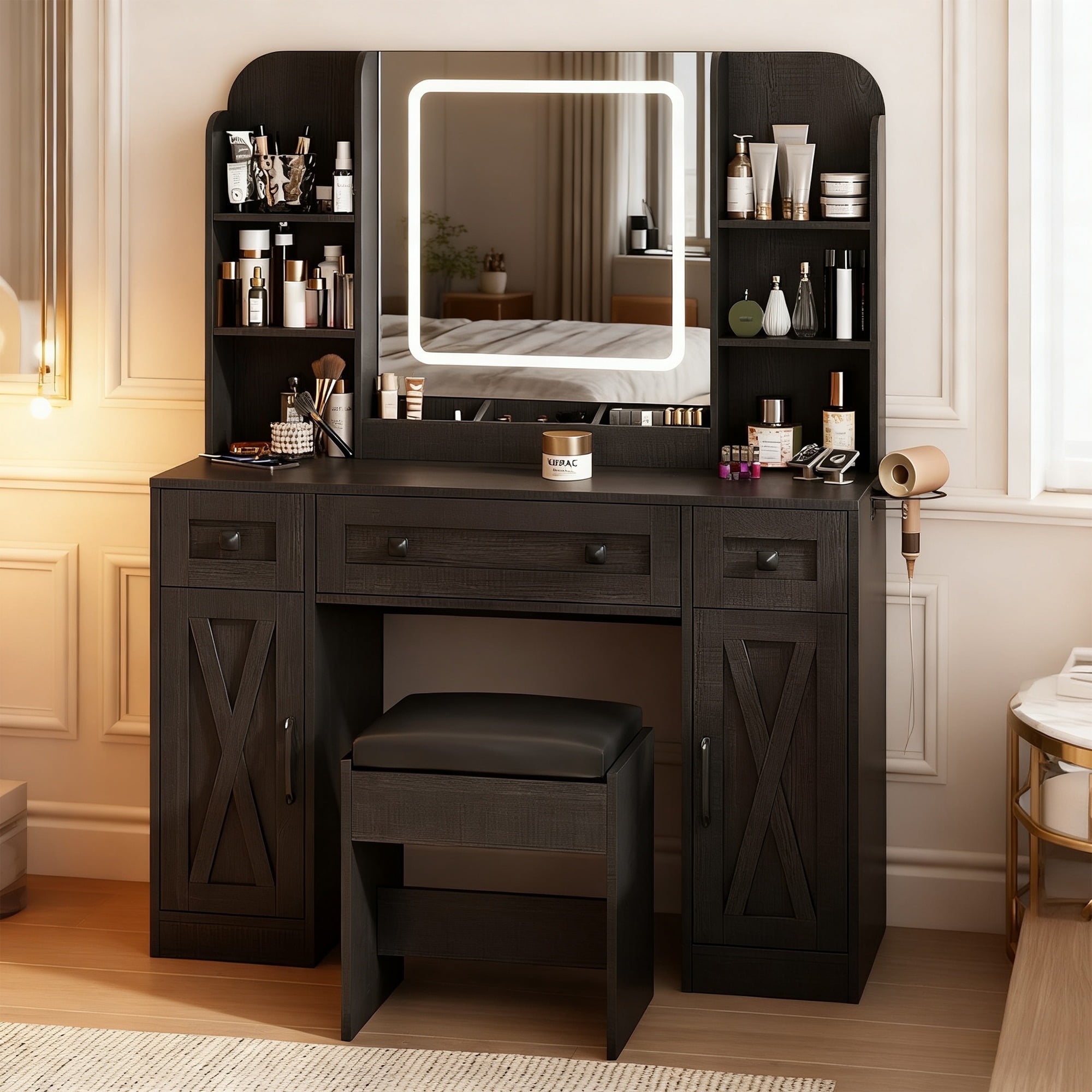 Vabches Large Vanity Desk Set with Lights and Mirror, Makeup Table wit