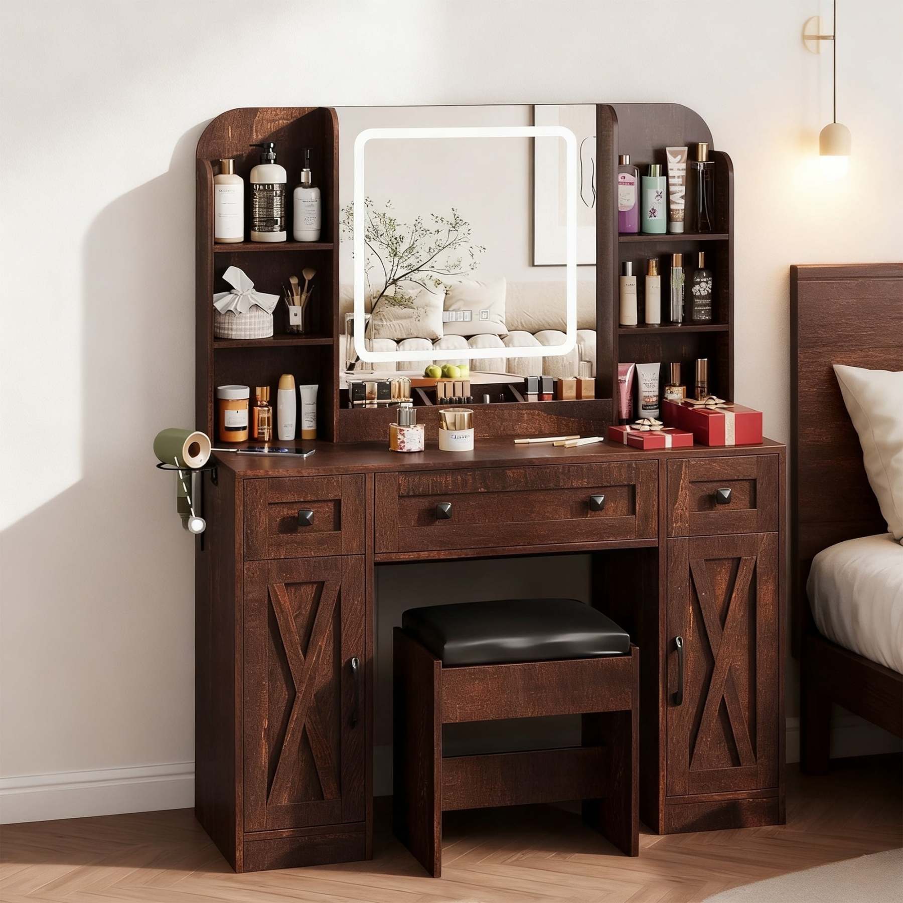 Vabches Large Vanity Desk Set with Lights and Mirror, Makeup Table with Stool and Large Storage Drawers and Shelves, 3 Led Lighting Modes Adjustable