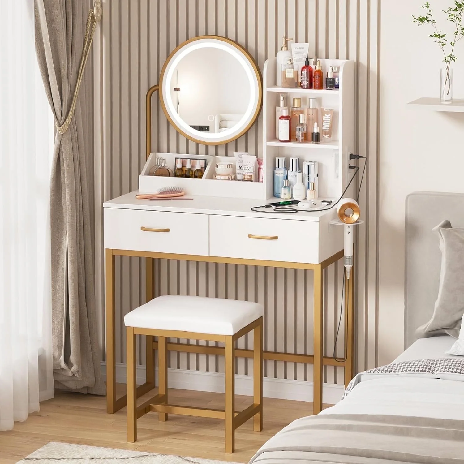 Veanerwood Makeup Vanity Desk with Lights and Round Mirror, Bedroom Vanity Dressing Table Set with Drawers, Hair Rack, Modern, 31.5in, White & Gold