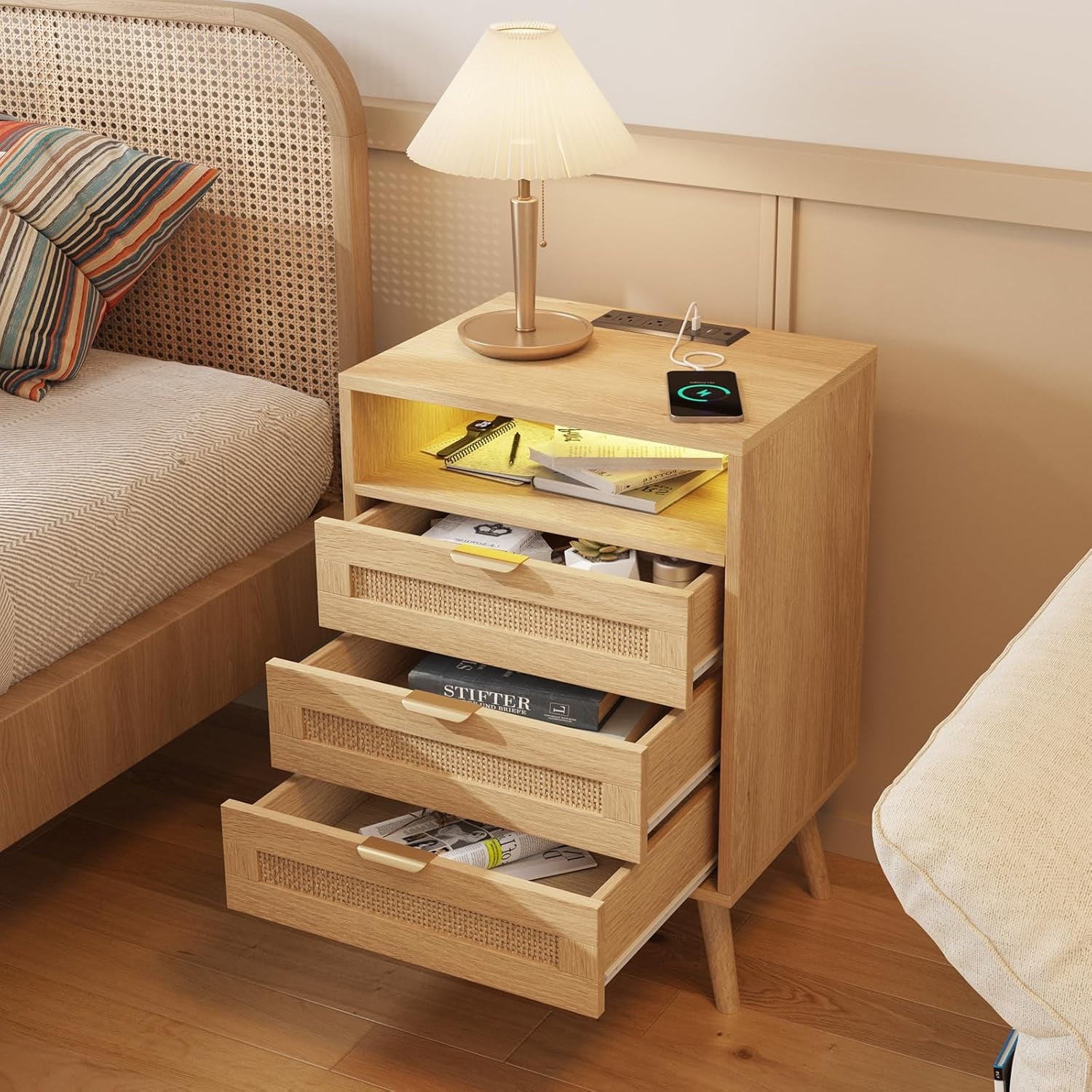 Vabches Rattan Nightstand with Charging Station and 3 Drawers for Bedroom, Living Room (1 Pack)