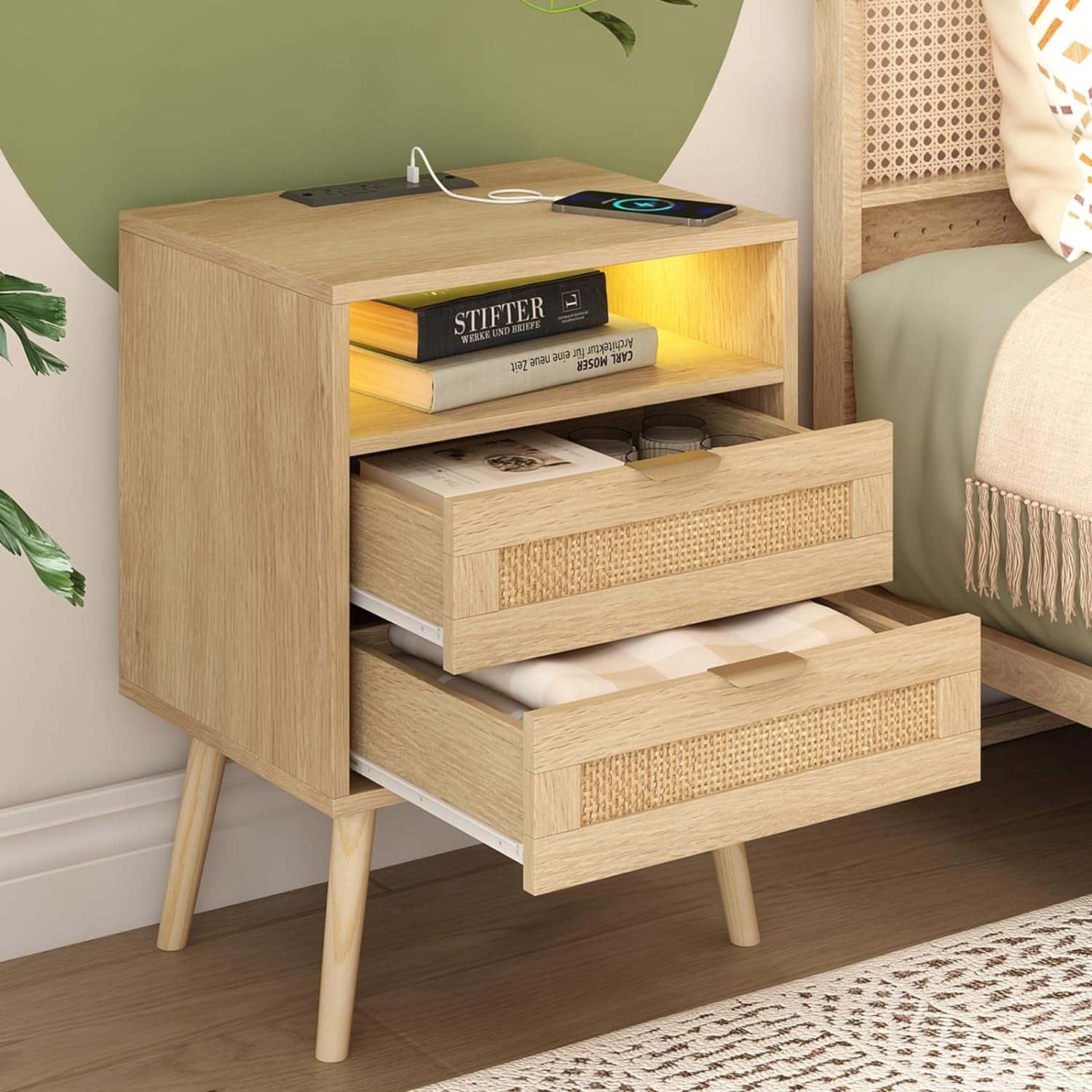 Vabches Rattan Nightstand with USB and 2 Drawers for Bedroom, Living R