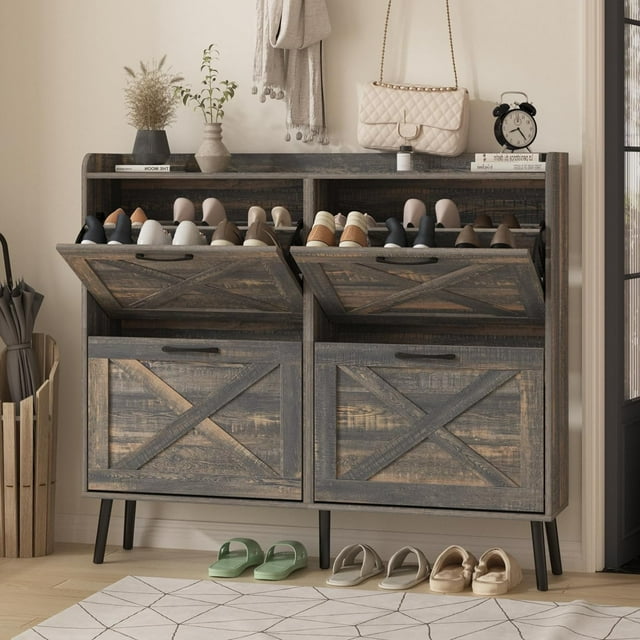 VEANERWOOD Shoe Cabinet with 4 Flip-Flop Drawers, Narrow Shoe Rack for