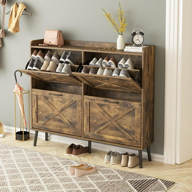 VEANERWOOD Shoe Cabinet with 4 Flip-Flop Drawers, Narrow Shoe Rack for Entryway Hallway, Freestanding, Rustic Brown
