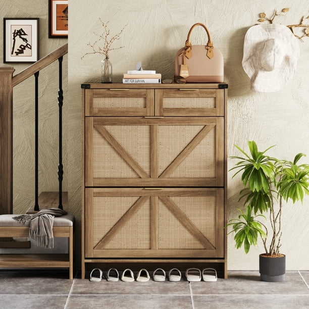 Vabches Shoe Storage Cabinet with 2 Filp Drawers and 2 Drawers, Farmhouse Slim Shoe Cabinet for Entryway, Rustic Oak Rattan