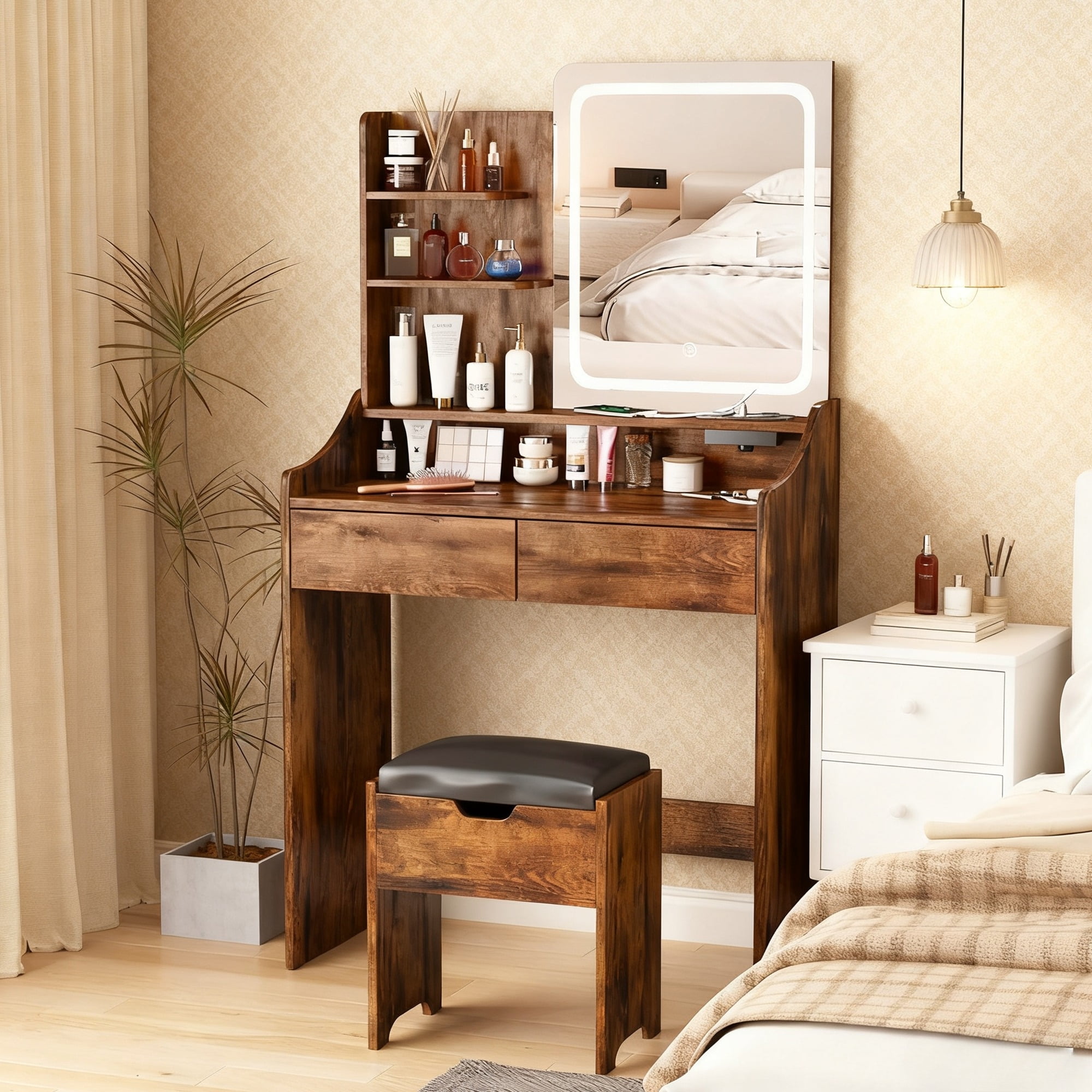 Vabches Small Vanity Set with Mirror AndLED Lights, Modern Makeup Vanity Table with Storage Stool, Charging Station and 2 Drawers
