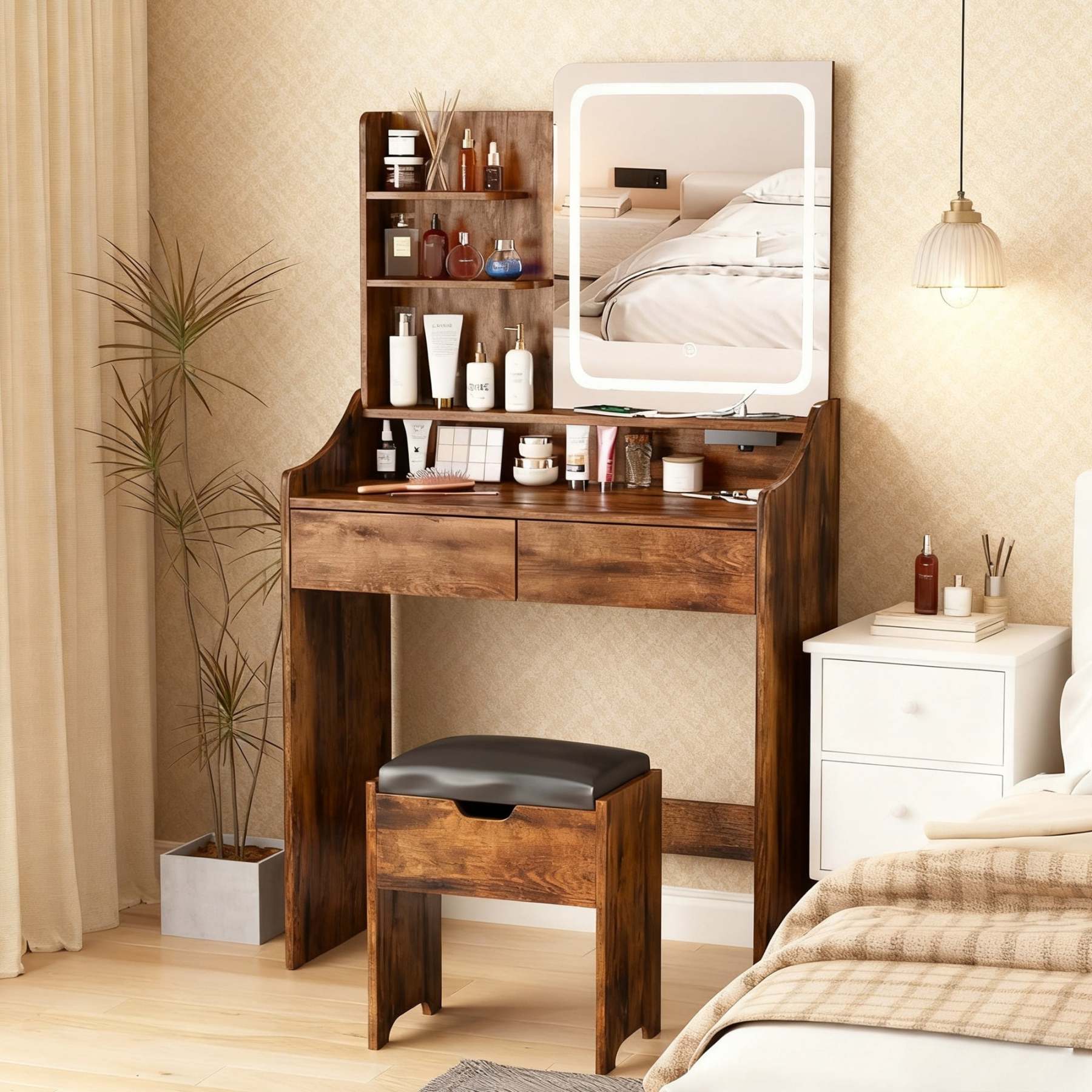 Vabches Small Vanity Set with Mirror AndLED Lights, Modern Makeup Vanity Table with Storage Stool, Charging Station and 2 Drawers