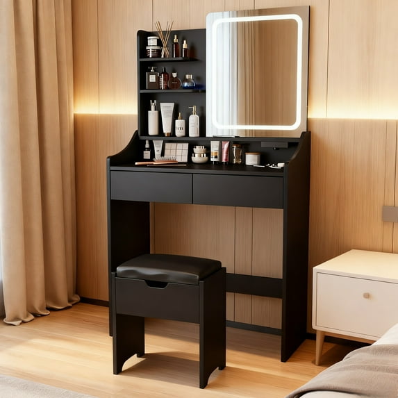 Vabches Small Vanity Set with Mirror AndLED Lights, Modern Makeup Vanity Table with Storage Stool, Charging Station and 2 Drawers
