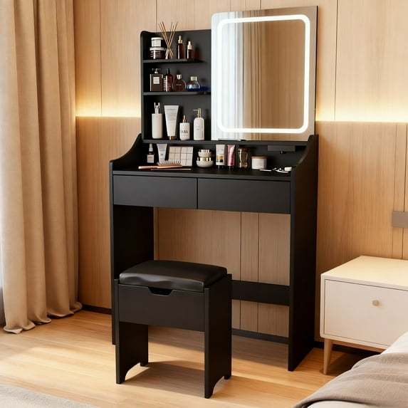 Vabches Small Vanity Set with Mirror AndLED Lights, Modern Makeup Vani