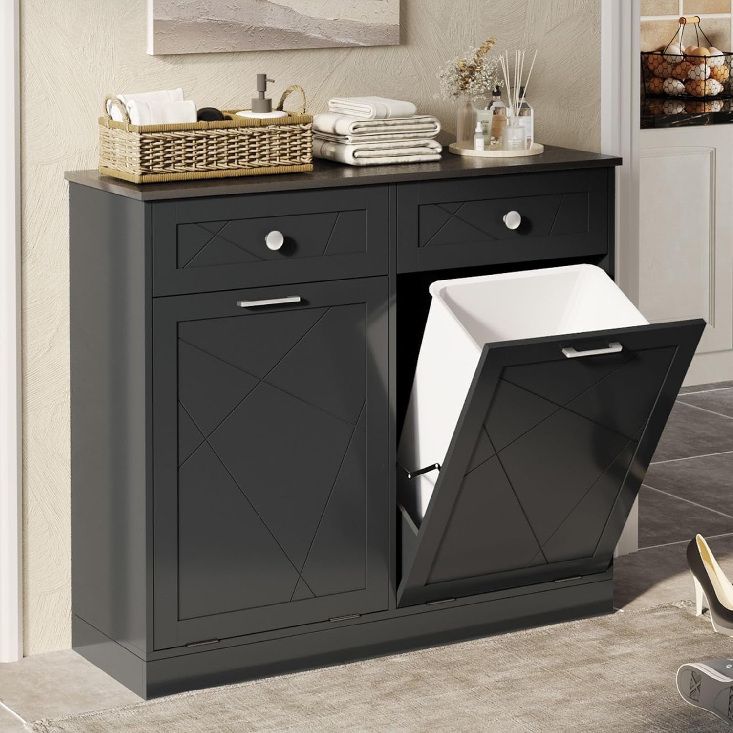 Vabches Tilt Out Trash Cabinet Kitchen Hidden Storage Can with Cutting Board Countertop, Free-Standing Trash Holder Drawers, Black