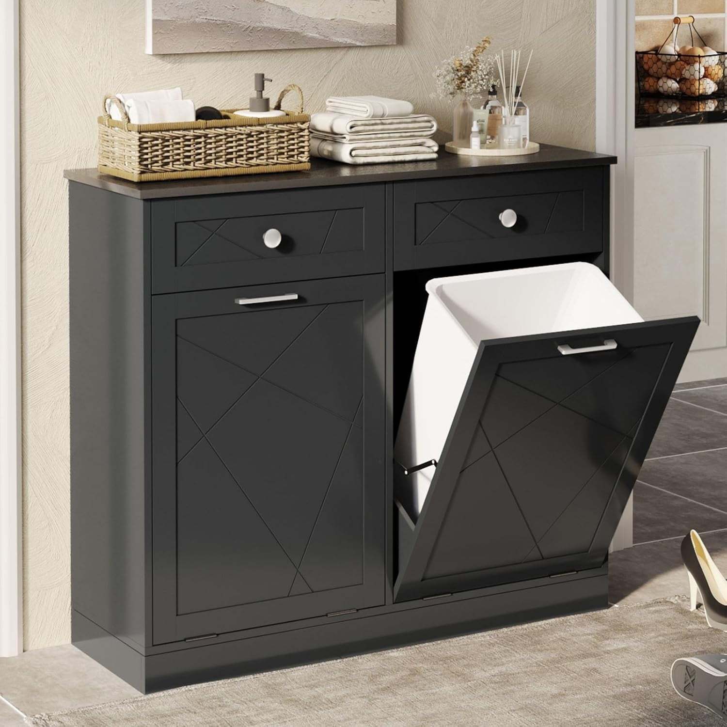 Vabches Tilt Out Trash Cabinet Kitchen Hidden Storage Can with Cutting