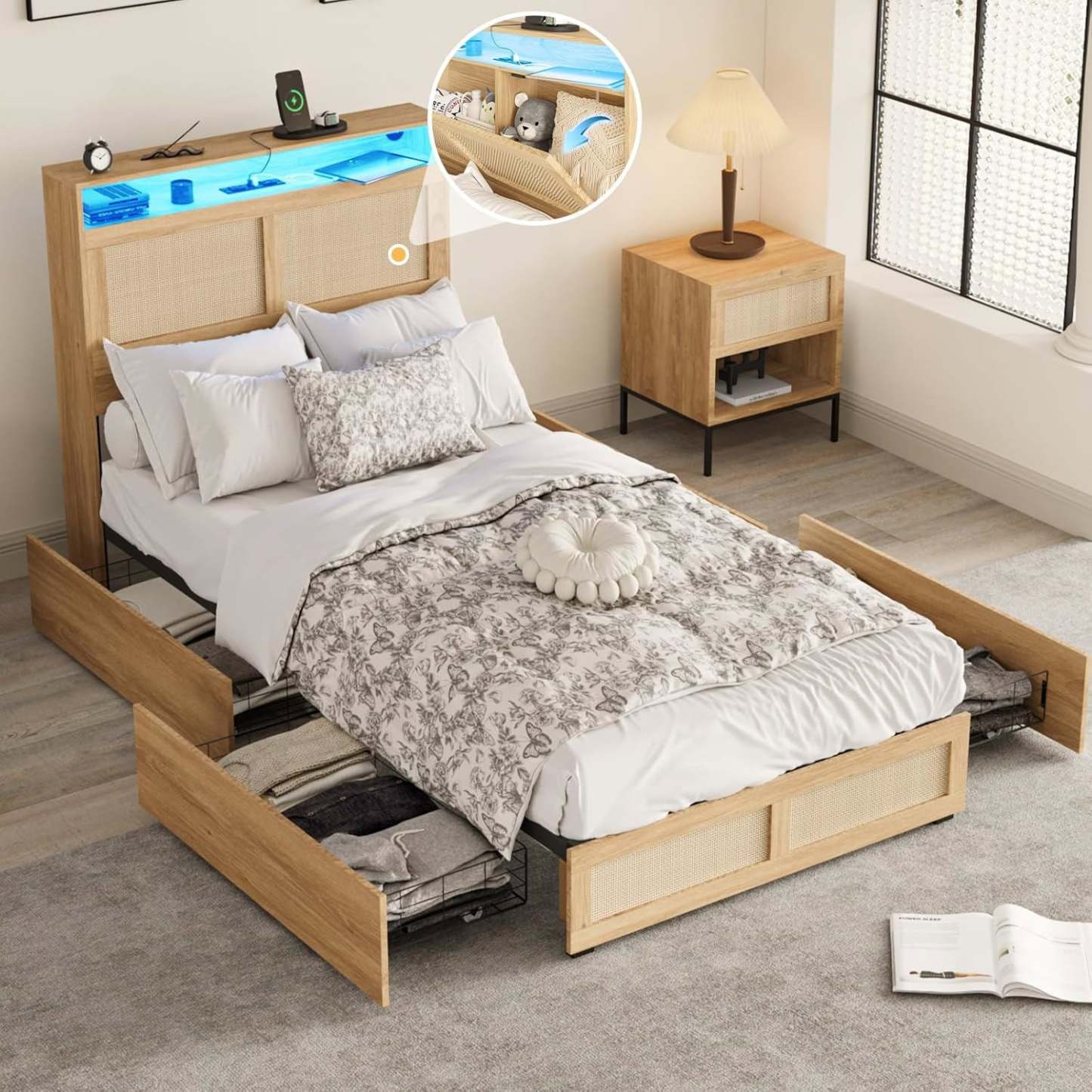 Vabches Queen Size Bed Frame with Rattan Storage Headboard,Queen Size Bed Frame with LED Light, 4 Drawers and Charging Station, Metal Platform