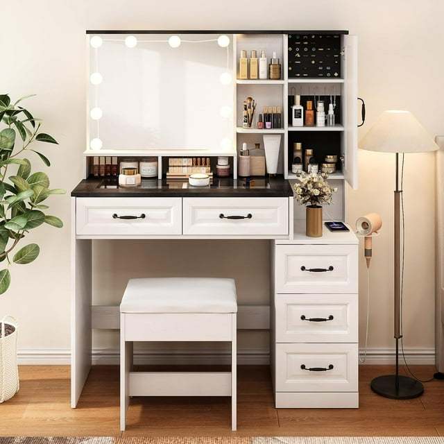 Vabches Vanity Set with Light and Mirror, Glass Top, Makeup Table with 5 Drawers & Cabinet,Black,40.7in(L)
