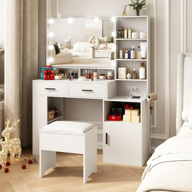 Vabches Vanity with Light and Mirror, White Vanity with Charging Posts, Vanity with 2 Drawers, Storage Shelves and Nightstand, Bedroom Dressing Set