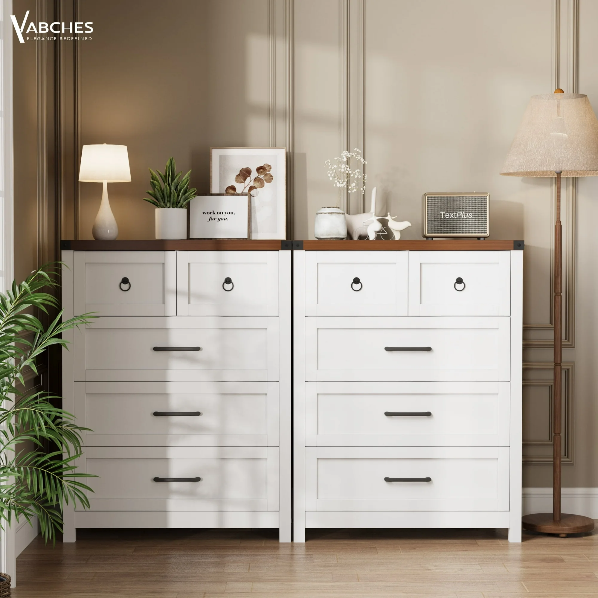 Vabches 5 Drawer Dressers, Wide Chest of Drawers for Bedroom Entryway Living Room, Brown and White