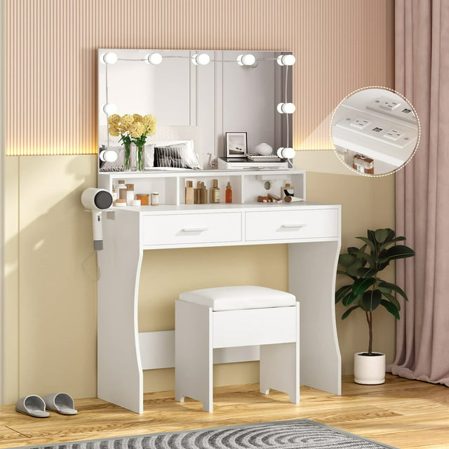 Veanerwood 31.5in Makeup Vanity Table with Lighted Mirror & Power Strip, Vanity Desk Set with Hair Dryer Holder, 3 Lighting Colors, White Finish
