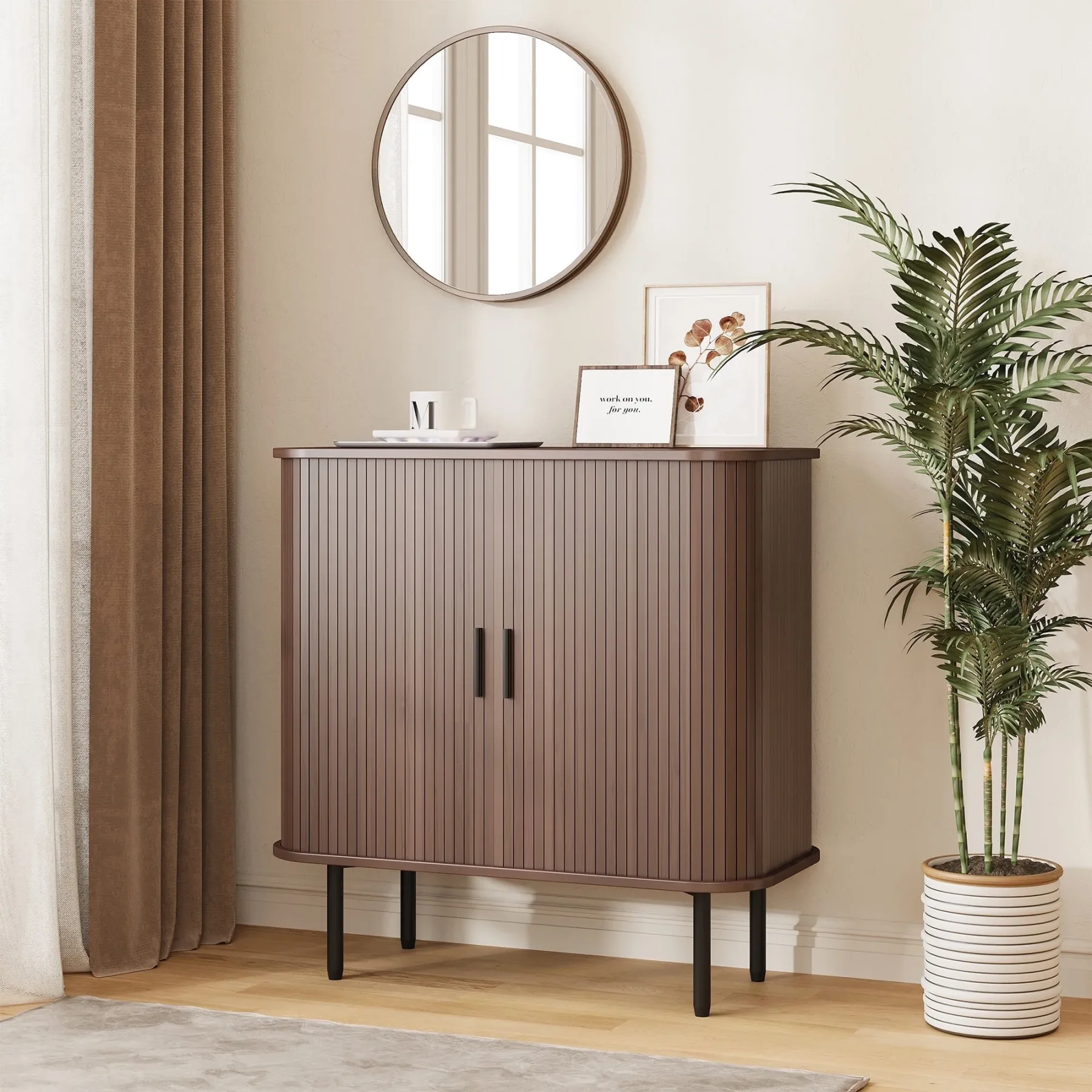 VEANERWOOD Sideboard Buffet Cabinet, 32"H Wood Storage Cabinet with 2 Sliding Tambour Doors, Adjustable Shelf for Kitchen, Living Room, Hallway, Entryway