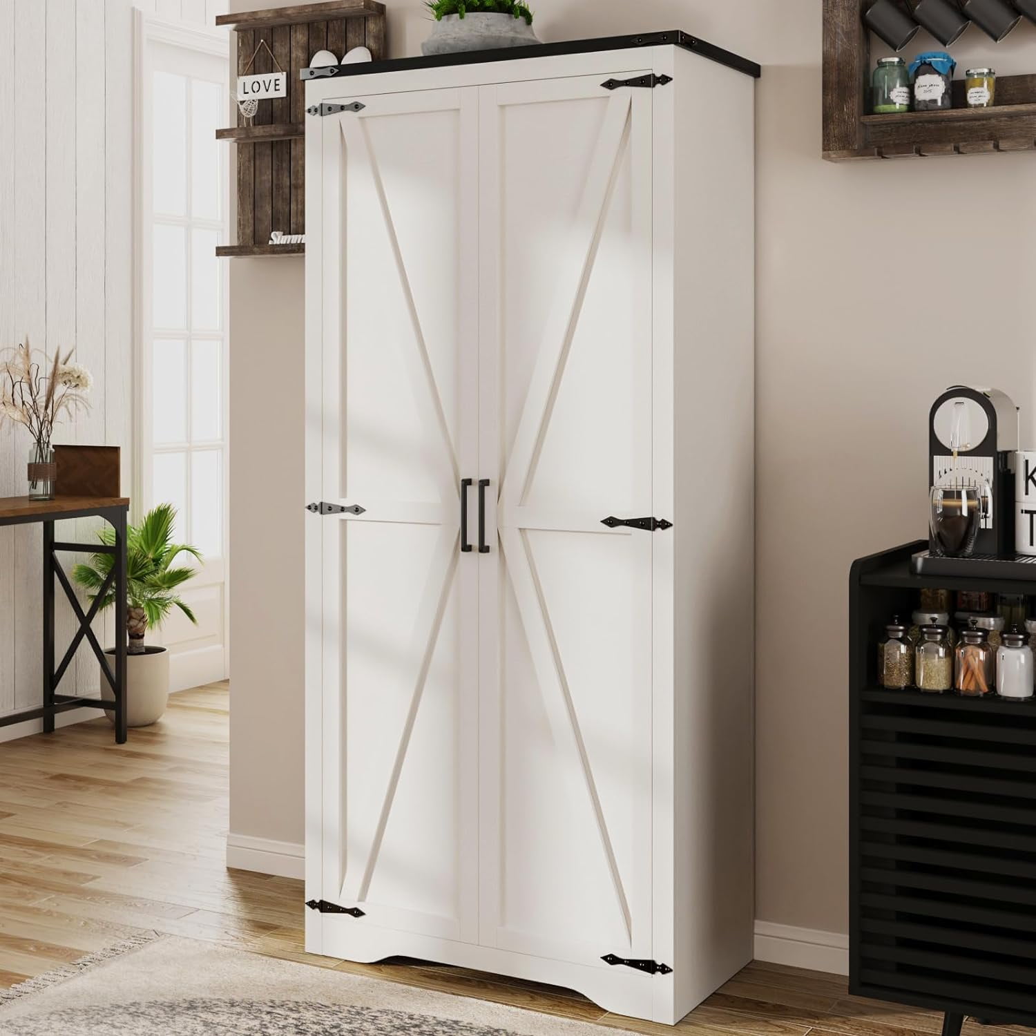 VEANERWOOD 72''H Farmhouse Storage Cabinet with Adjustable Shelves, Large Pantry Organize with 2 Barn Doors, Tall Freestanding Cabinet for Kitchen, Bathroom/Garage/Basement/Living/Utility Room, White