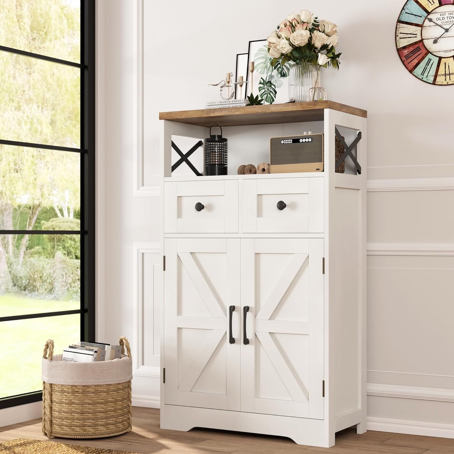 VEANERWOOD Farmhouse Storage Cabinet with Doors and Drawers, Freestanding Kitchen Pantry Cabinet Sideboard, White
