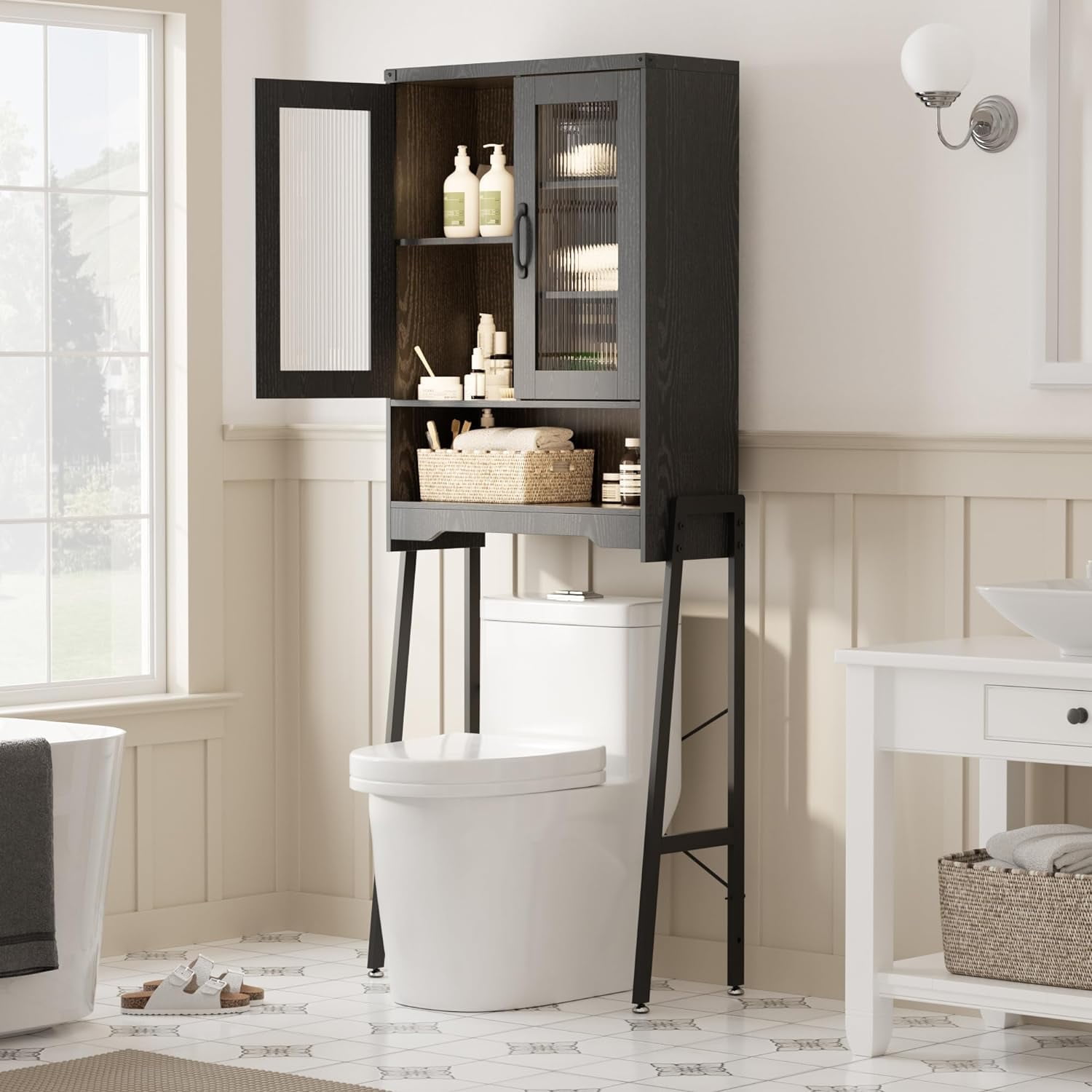 VEANERWOOD Rattan Toilet Storage Cabinet, Over The Rack Wood Cabinet w