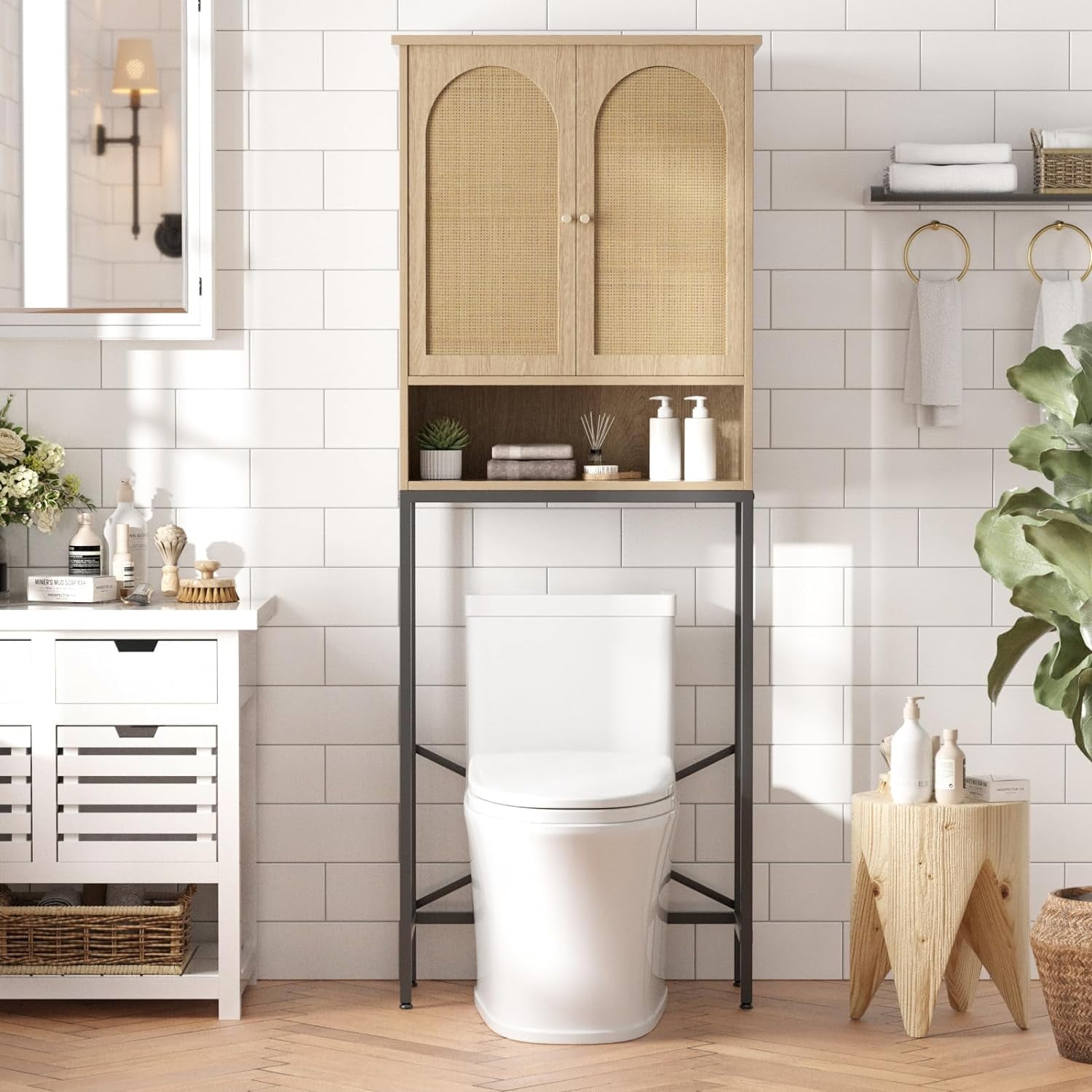 VEANERWOOD Rattan Toilet Storage Cabinet, Over The Rack Wood Cabinet w