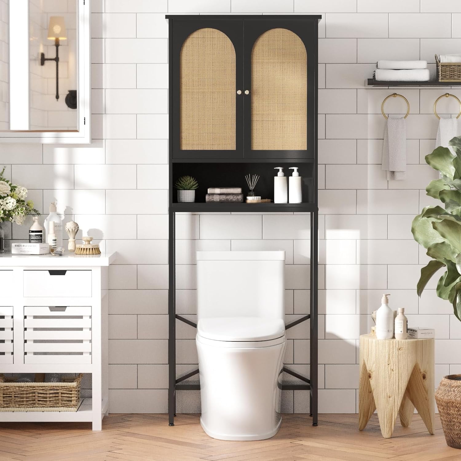 VEANERWOOD Rattan Toilet Storage Cabinet, Over The Rack Wood Cabinet with Metal Stand, Bathroom Organizer with Adjustable Shelf, Tall Freestanding Washer Shelf, Small Cupboard, Black