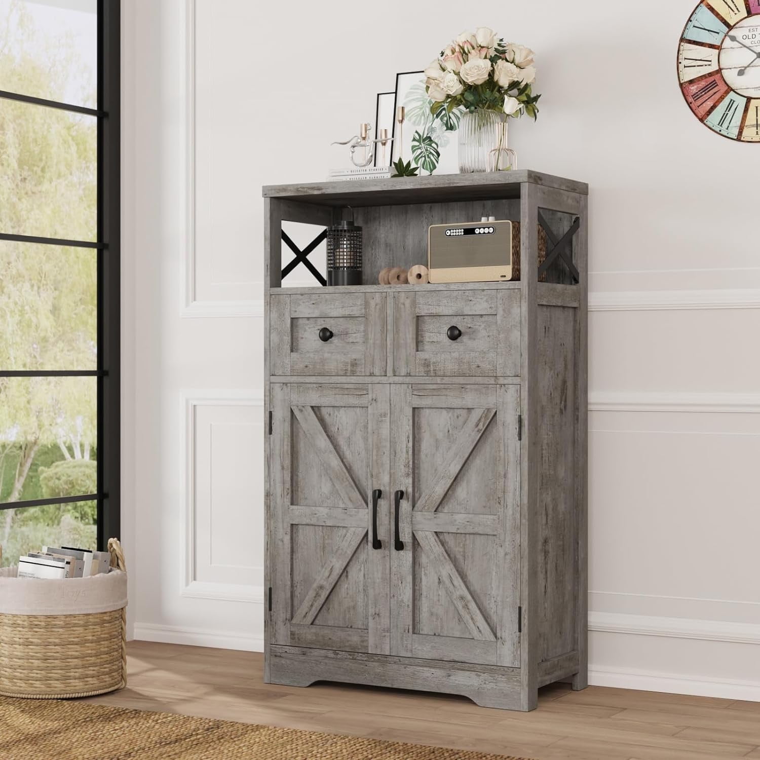 VEANERWOOD Farmhouse Storage Cabinet with Doors and Drawers, Freestand